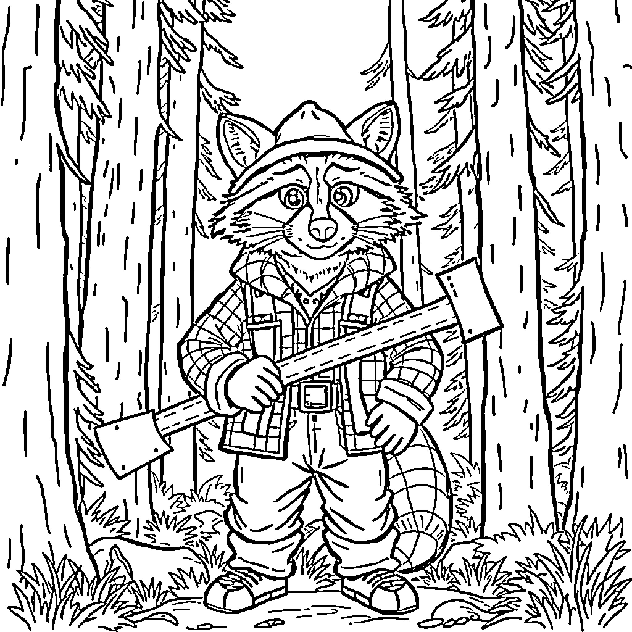 Raccoon forest ranger with backpack and rifle Coloring Page (free black-and-white line drawing printable PDF for all, from beginners to advanced learners, including children, teens, adults, and seniors)