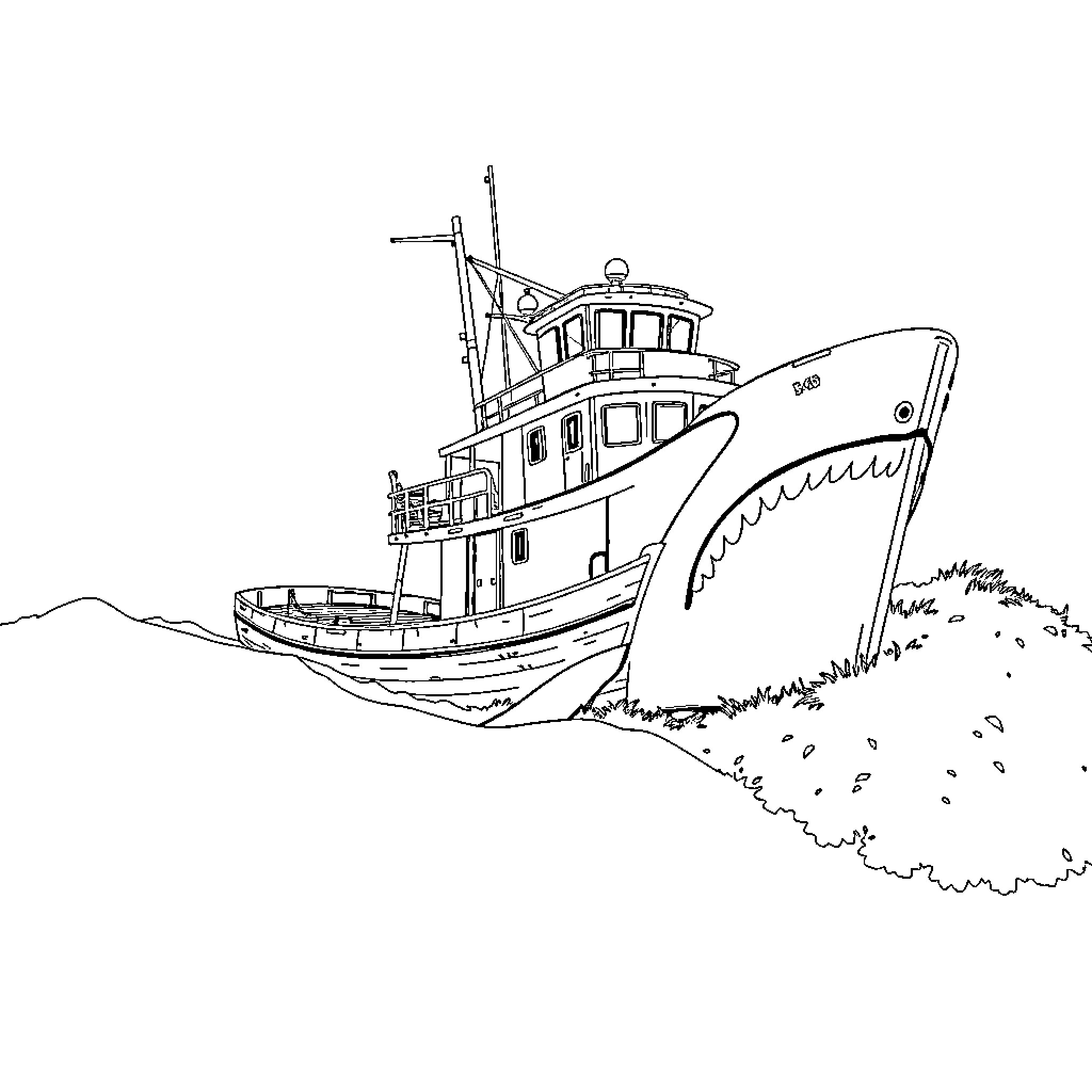 Orca fishing boat sailing on the water Coloring Page (free black-and-white line drawing printable PDF for all, from beginners to advanced learners, including children, teens, adults, and seniors)