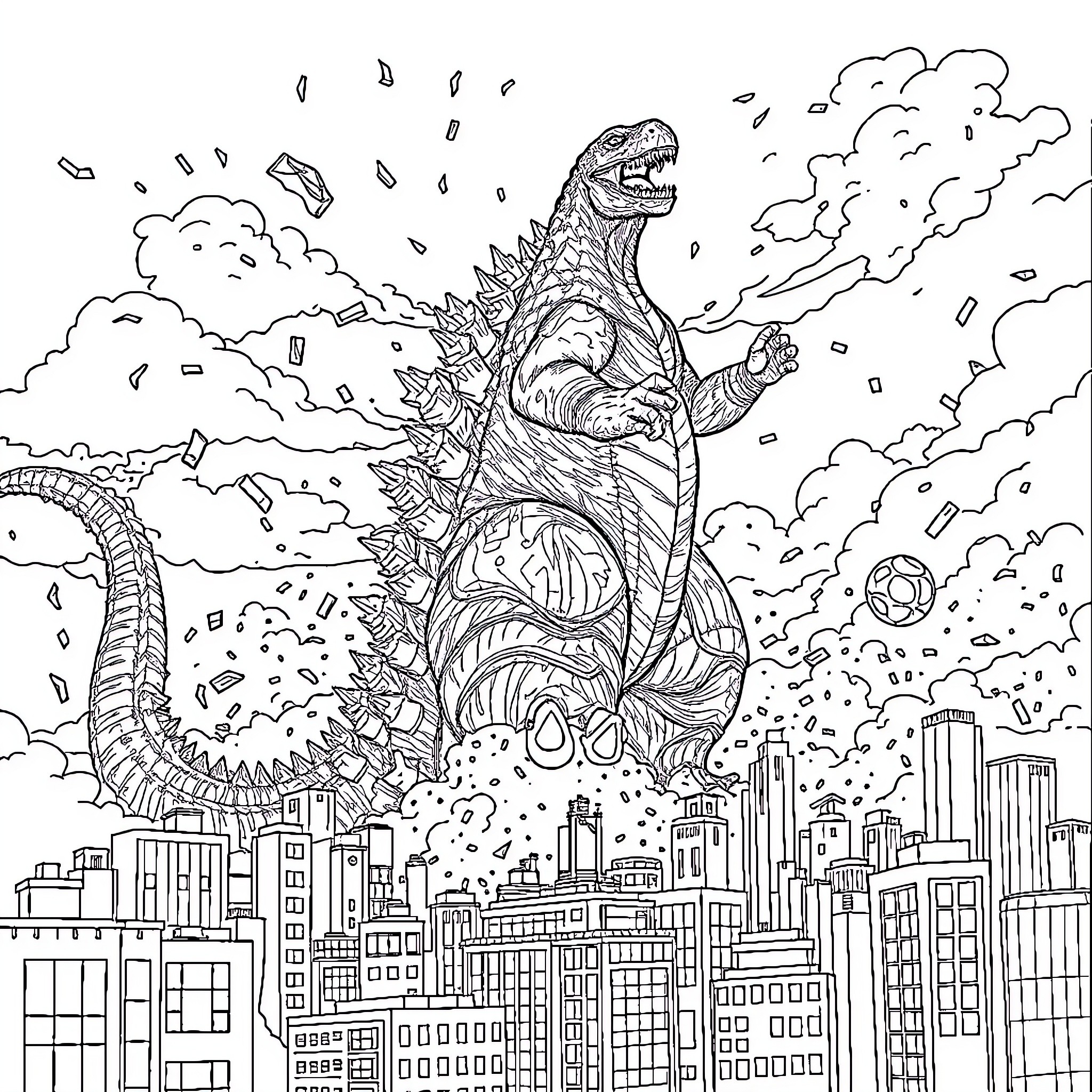 Godzilla rampaging through the city skyline Coloring Page (free black-and-white line drawing printable PDF for all, from beginners to advanced learners, including children, teens, adults, and seniors)