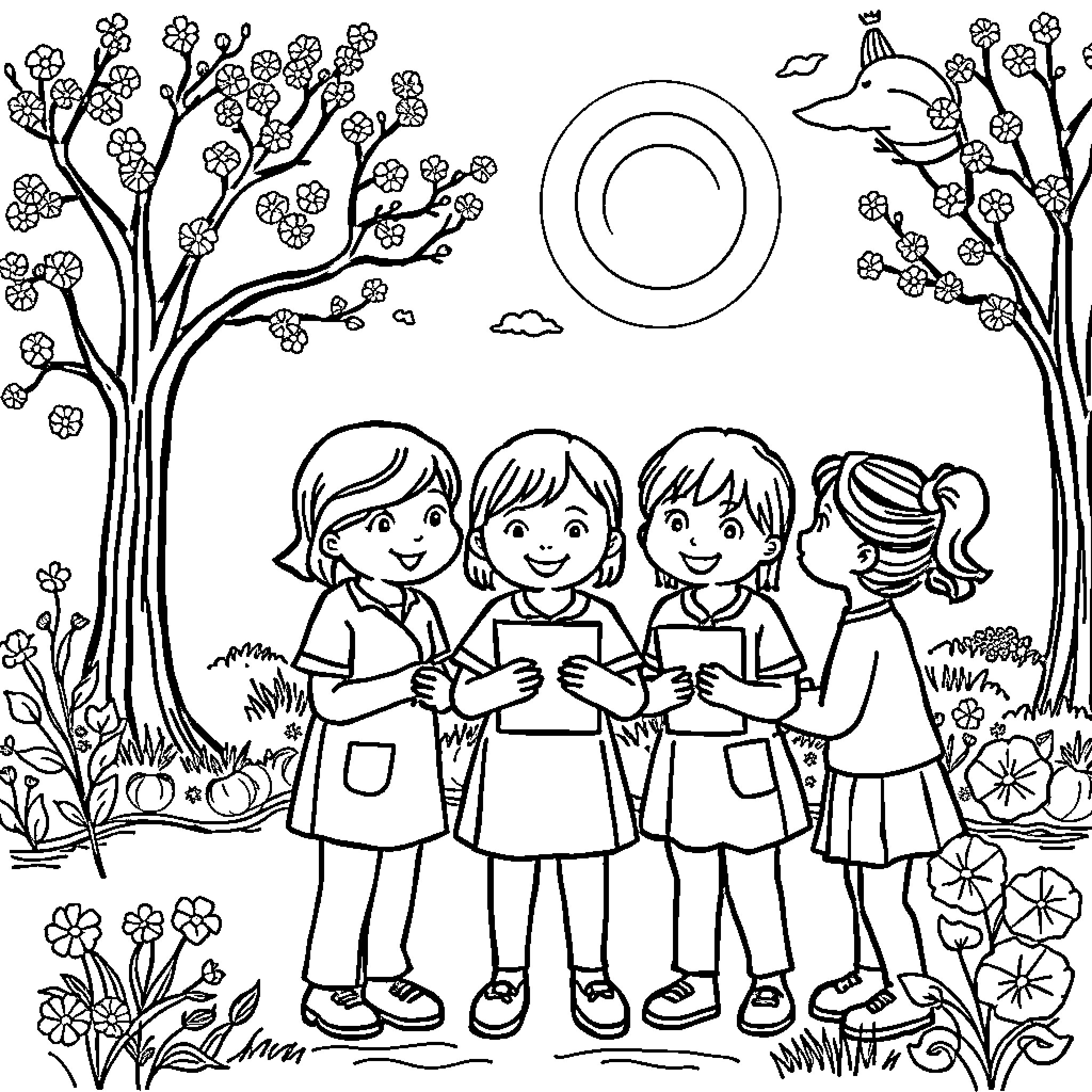 Nurse Caring for Patients in a Floral Garden Coloring Page (free black-and-white line drawing printable PDF for all, from beginners to advanced learners, including children, teens, adults, and seniors)
