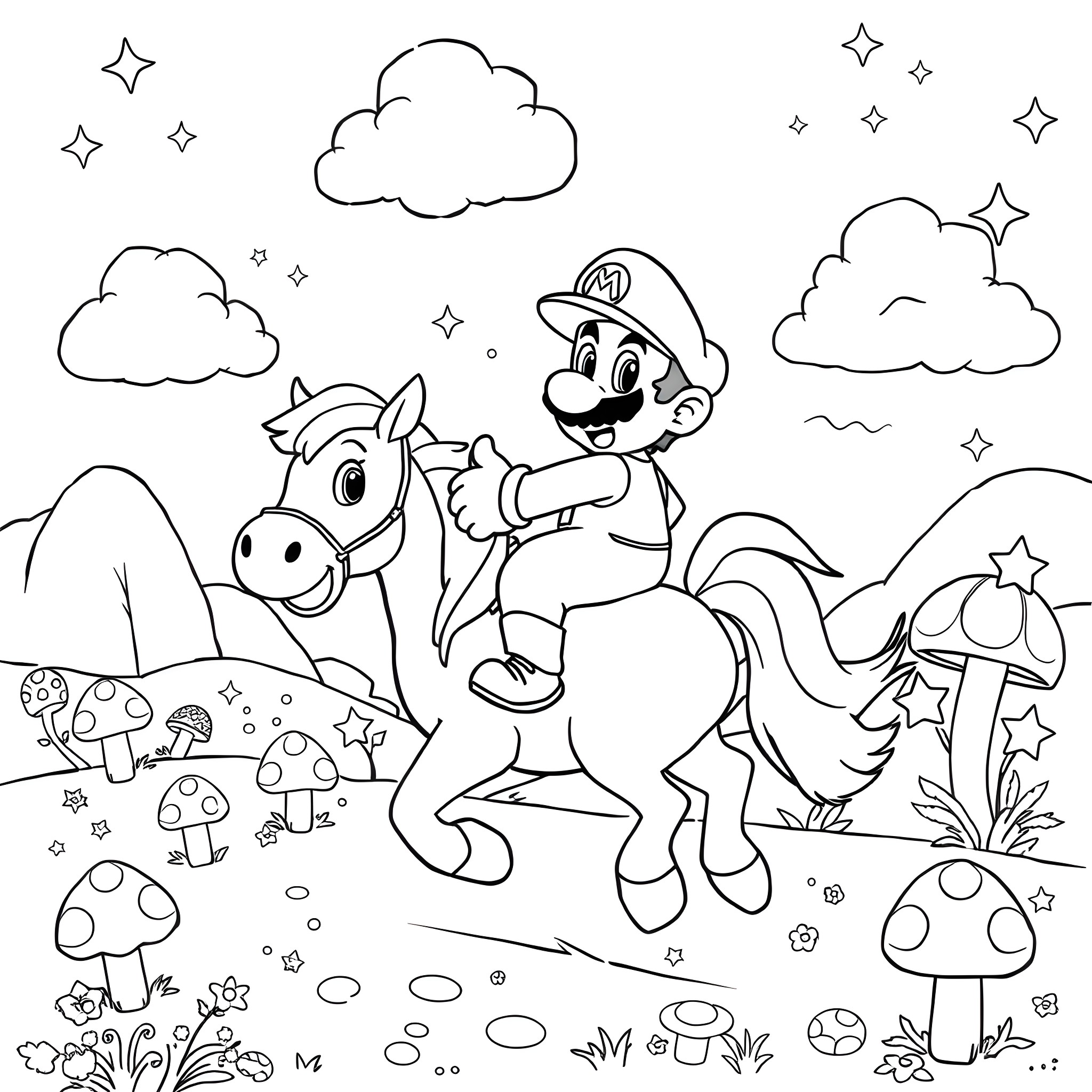 Super Mario Riding Happily on a Horse in Mushroom Kingdom Coloring Page (free black-and-white line drawing printable PDF for all, from beginners to advanced learners, including children, teens, adults, and seniors)