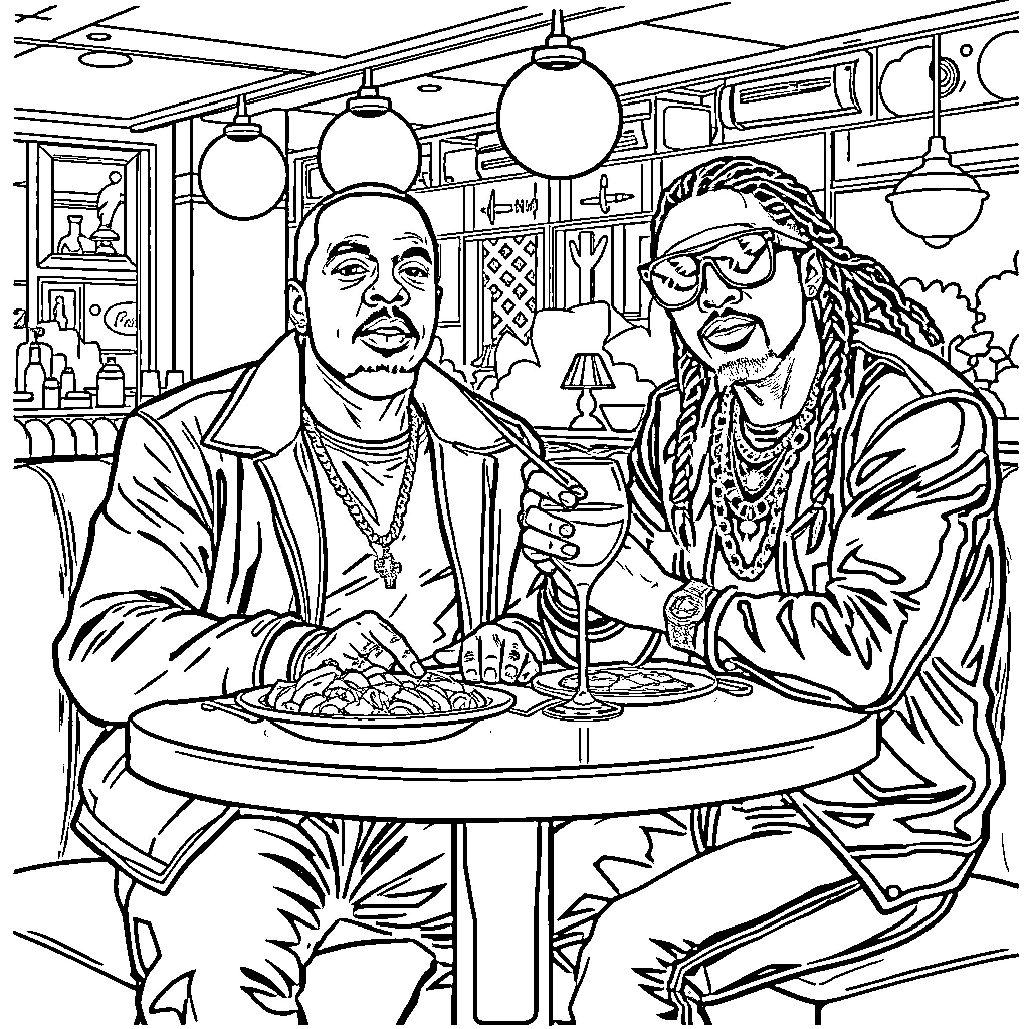 Jay Z and Friend Dining in Upscale Restaurant Coloring Page (free black-and-white line drawing printable PDF for all, from beginners to advanced learners, including children, teens, adults, and seniors)