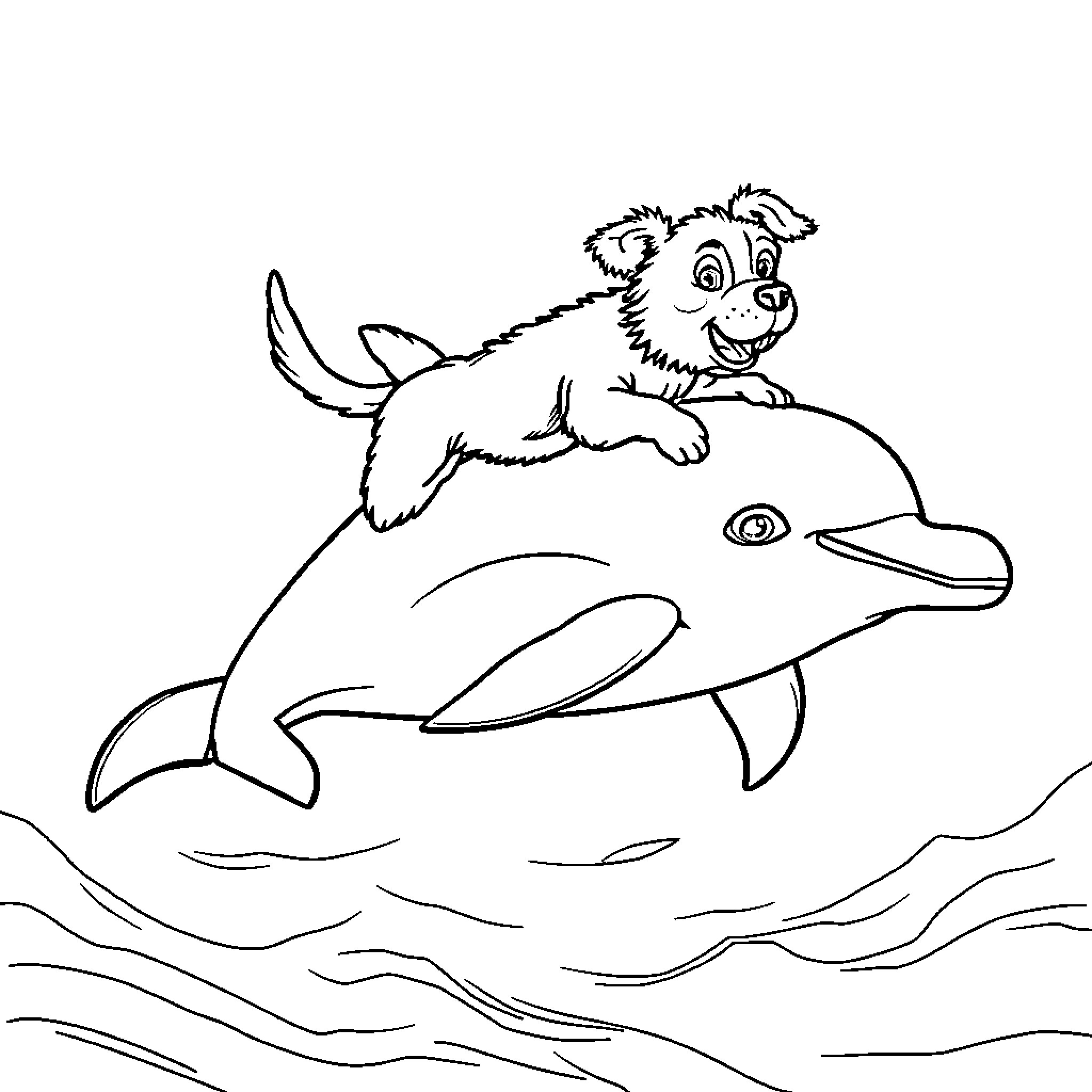 Dog riding a friendly dolphin Coloring Page (free black-and-white line drawing printable PDF for all, from beginners to advanced learners, including children, teens, adults, and seniors)