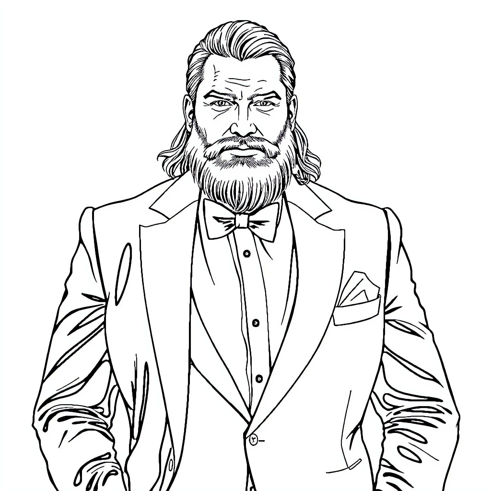 Jason Momoa in a formal suit with a bow tie Coloring Page (free black-and-white line drawing printable PDF for all, from beginners to advanced learners, including children, teens, adults, and seniors)