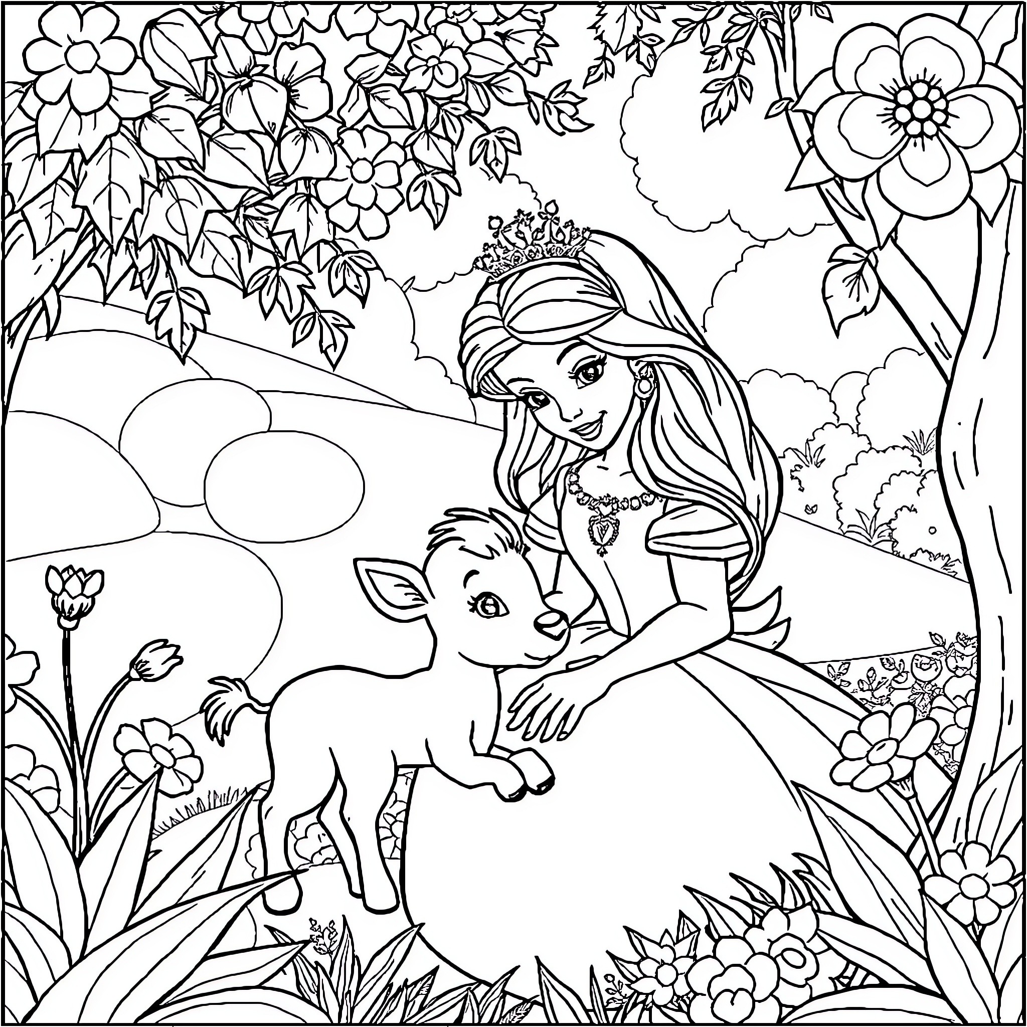 Princess and her Forest Friend Coloring Page (free black-and-white line drawing printable PDF for all, from beginners to advanced learners, including children, teens, adults, and seniors)
