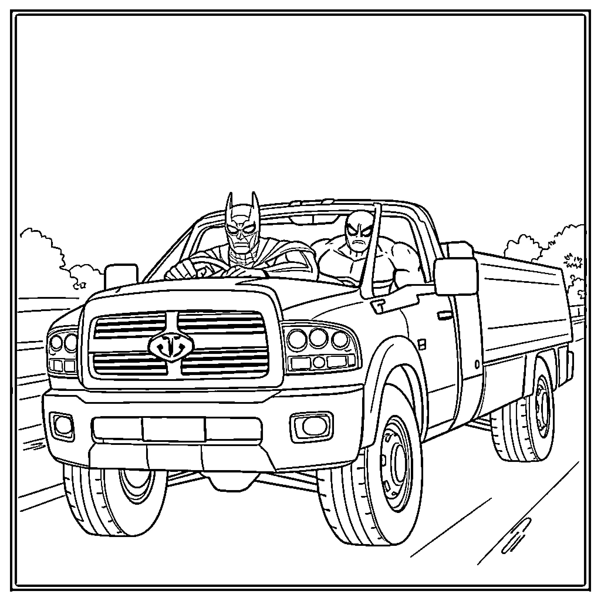 Batman Driving a Powerful Truck on the Road Coloring Page (free black-and-white line drawing printable PDF for all, from beginners to advanced learners, including children, teens, adults, and seniors)