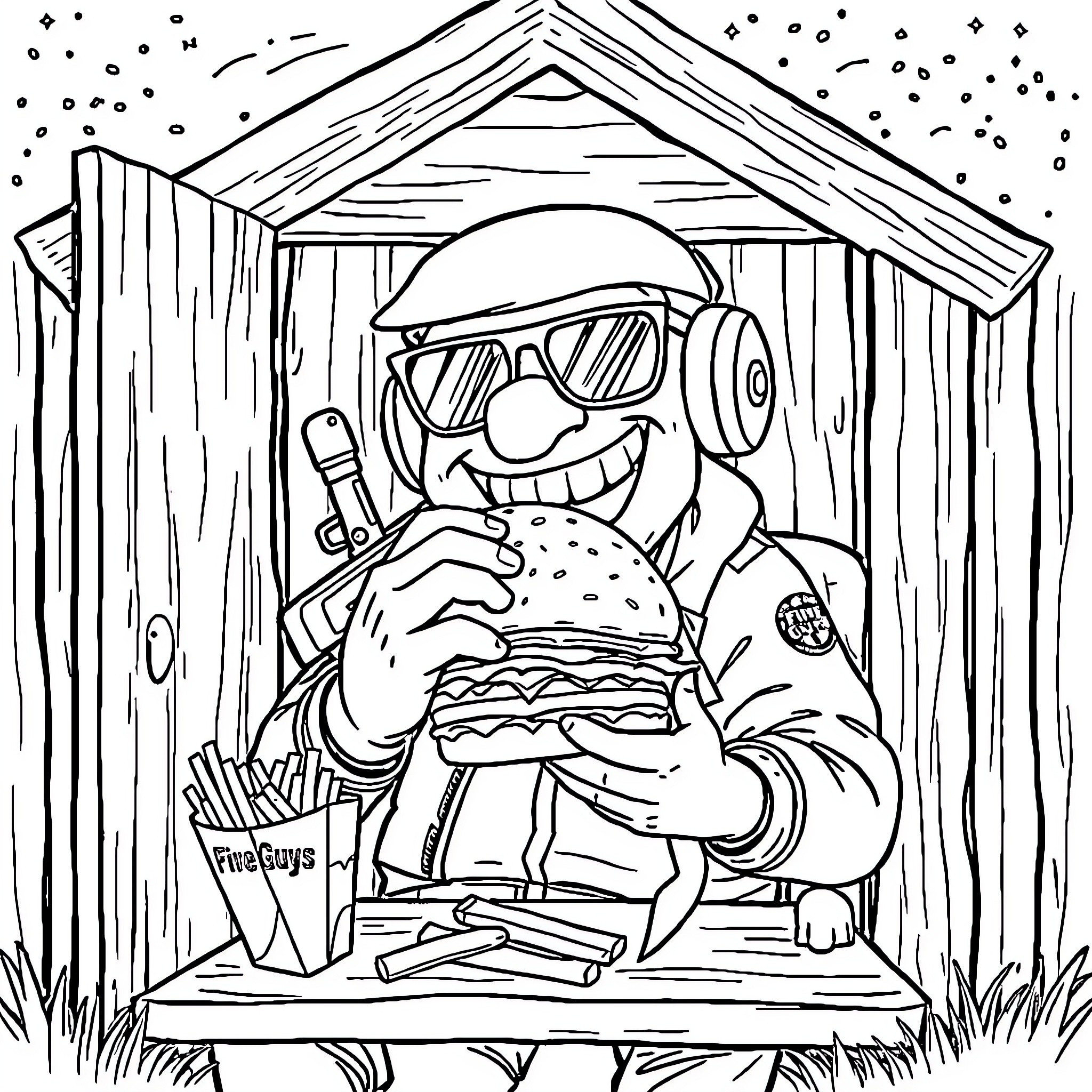 Uzi Doorman enjoys a tasty burger in his cozy hut Coloring Page (free black-and-white line drawing printable PDF for all, from beginners to advanced learners, including children, teens, adults, and seniors)