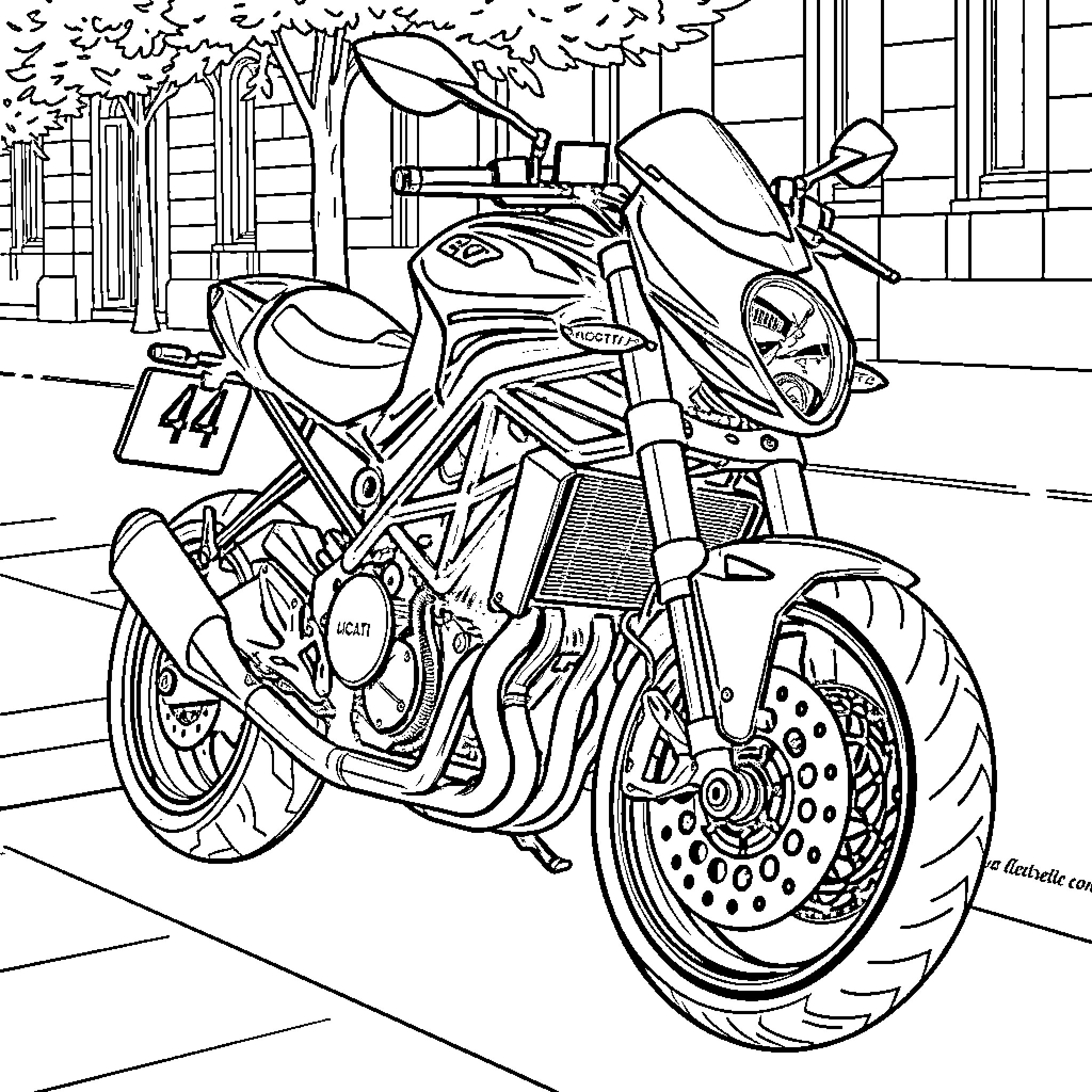 Ducati motorcycle parked on the street Coloring Page (free black-and-white line drawing printable PDF for all, from beginners to advanced learners, including children, teens, adults, and seniors)