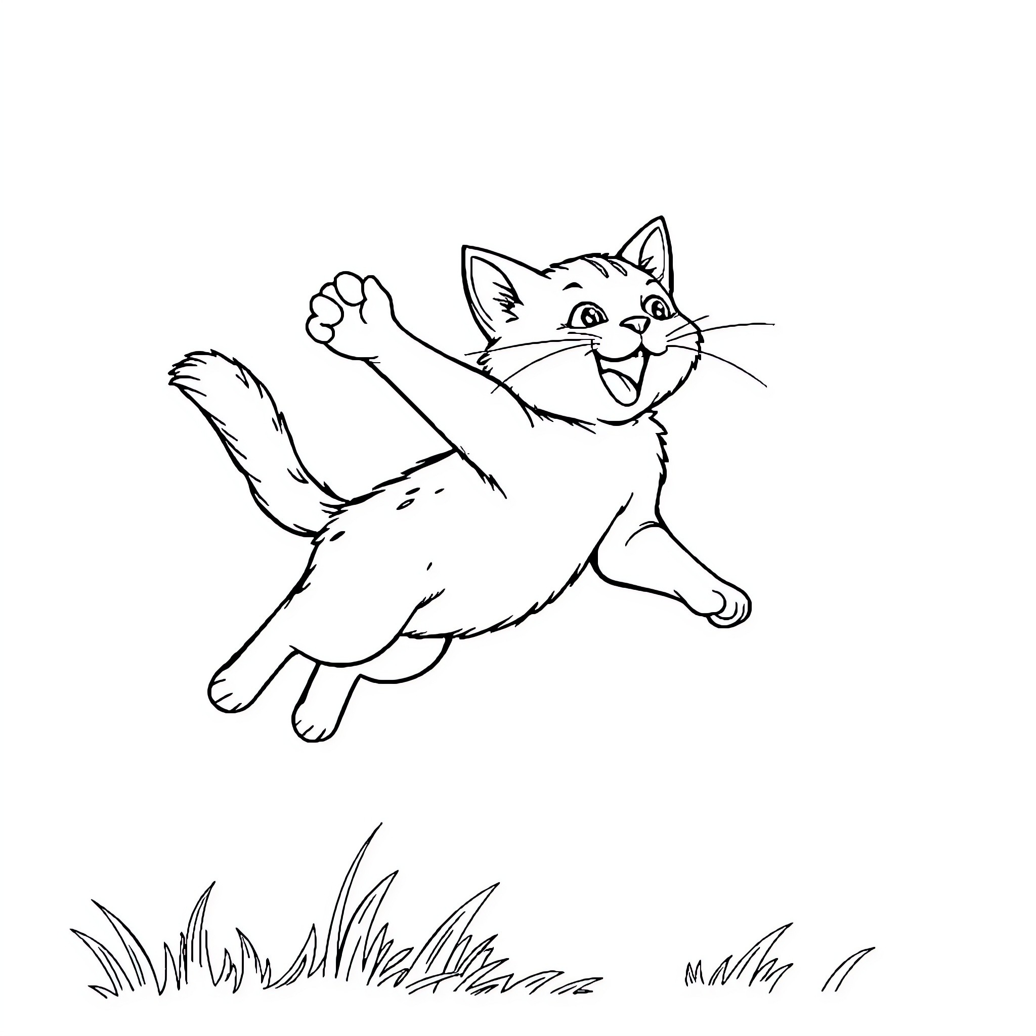 Cat playfully leaping in the air Coloring Page (free black-and-white line drawing printable PDF for all, from beginners to advanced learners, including children, teens, adults, and seniors)
