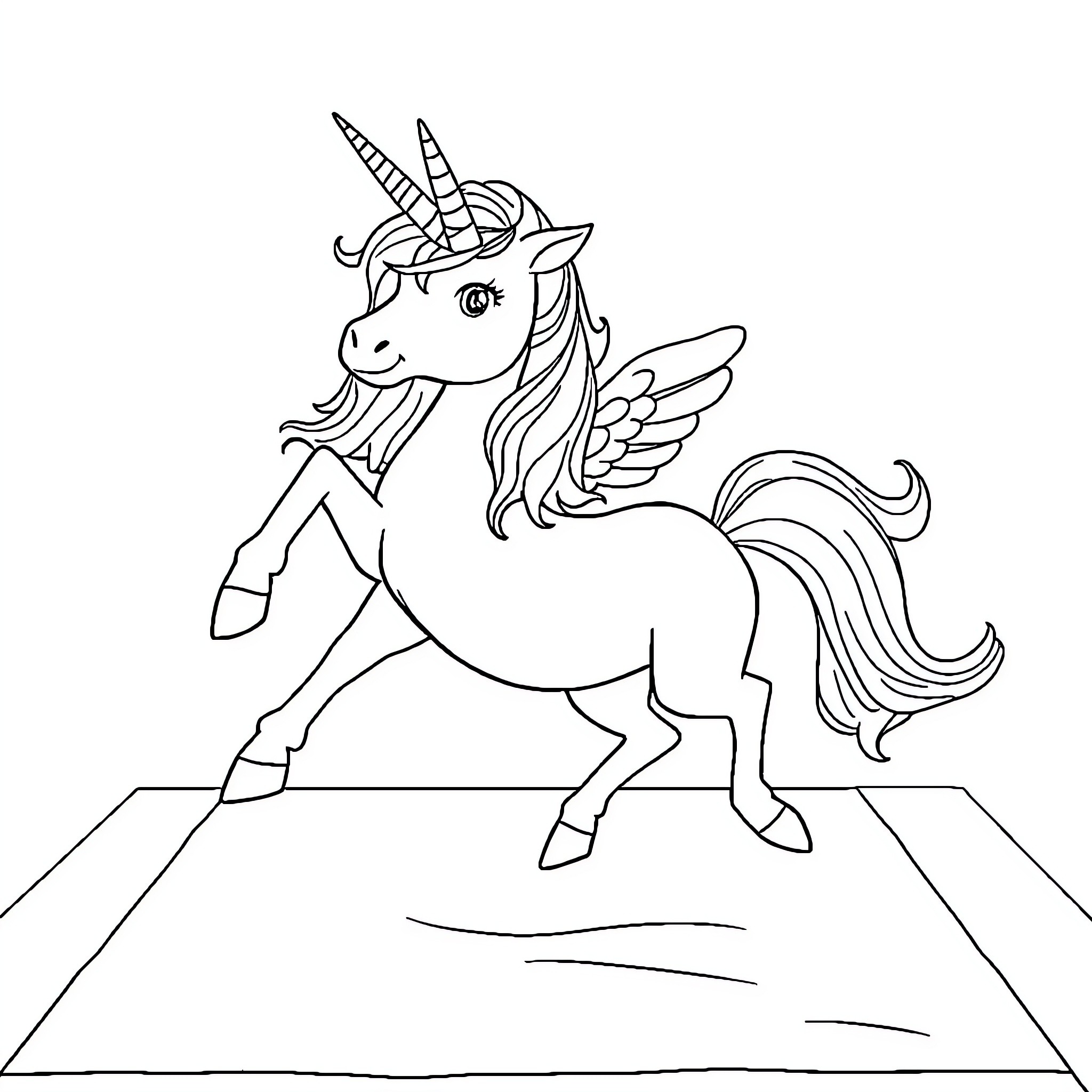 Unicorn Prancing Gracefully on a Path Coloring Page (free black-and-white line drawing printable PDF for all, from beginners to advanced learners, including children, teens, adults, and seniors)