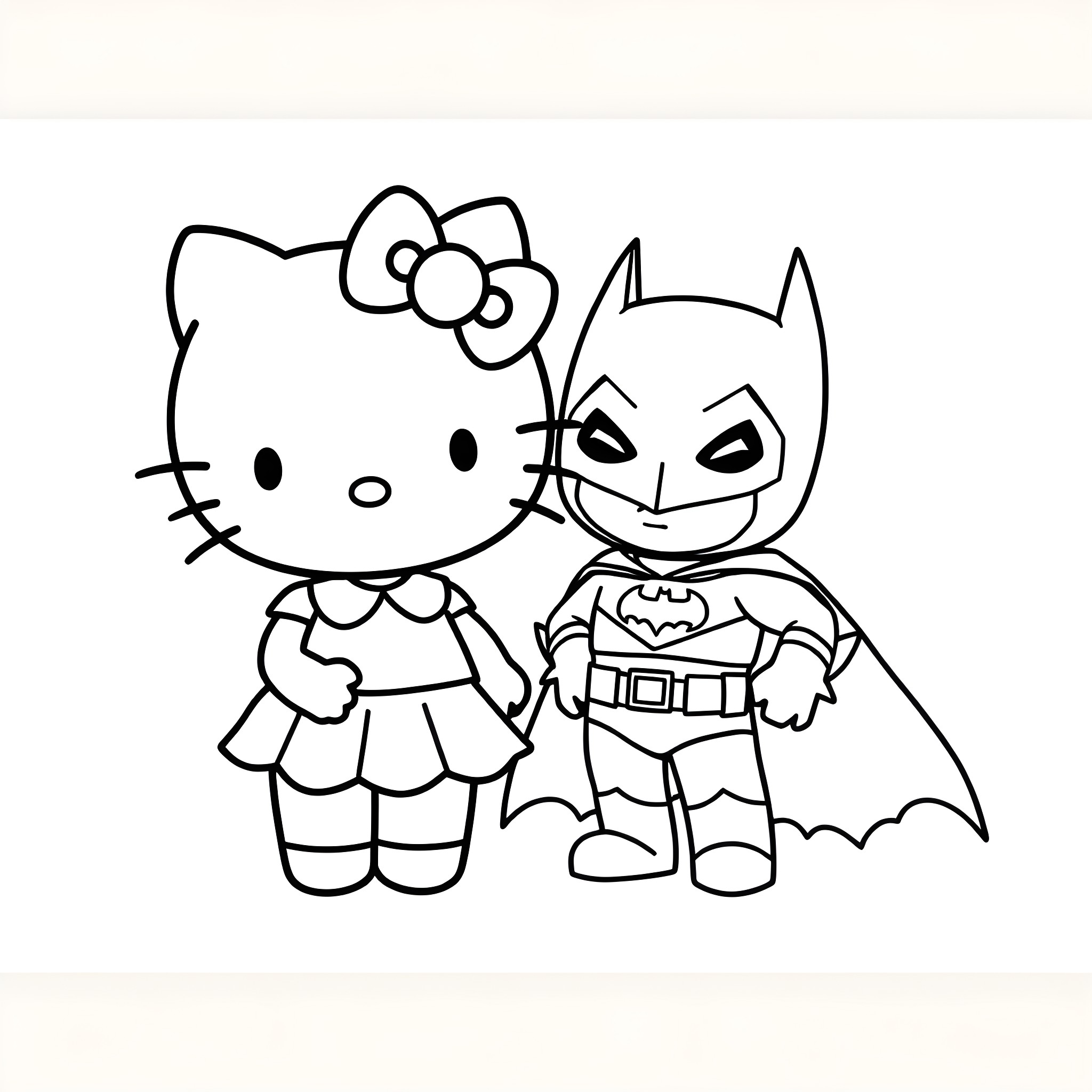 Hello Kitty meets Batman in costume Coloring Page (free black-and-white line drawing printable PDF for all, from beginners to advanced learners, including children, teens, adults, and seniors)