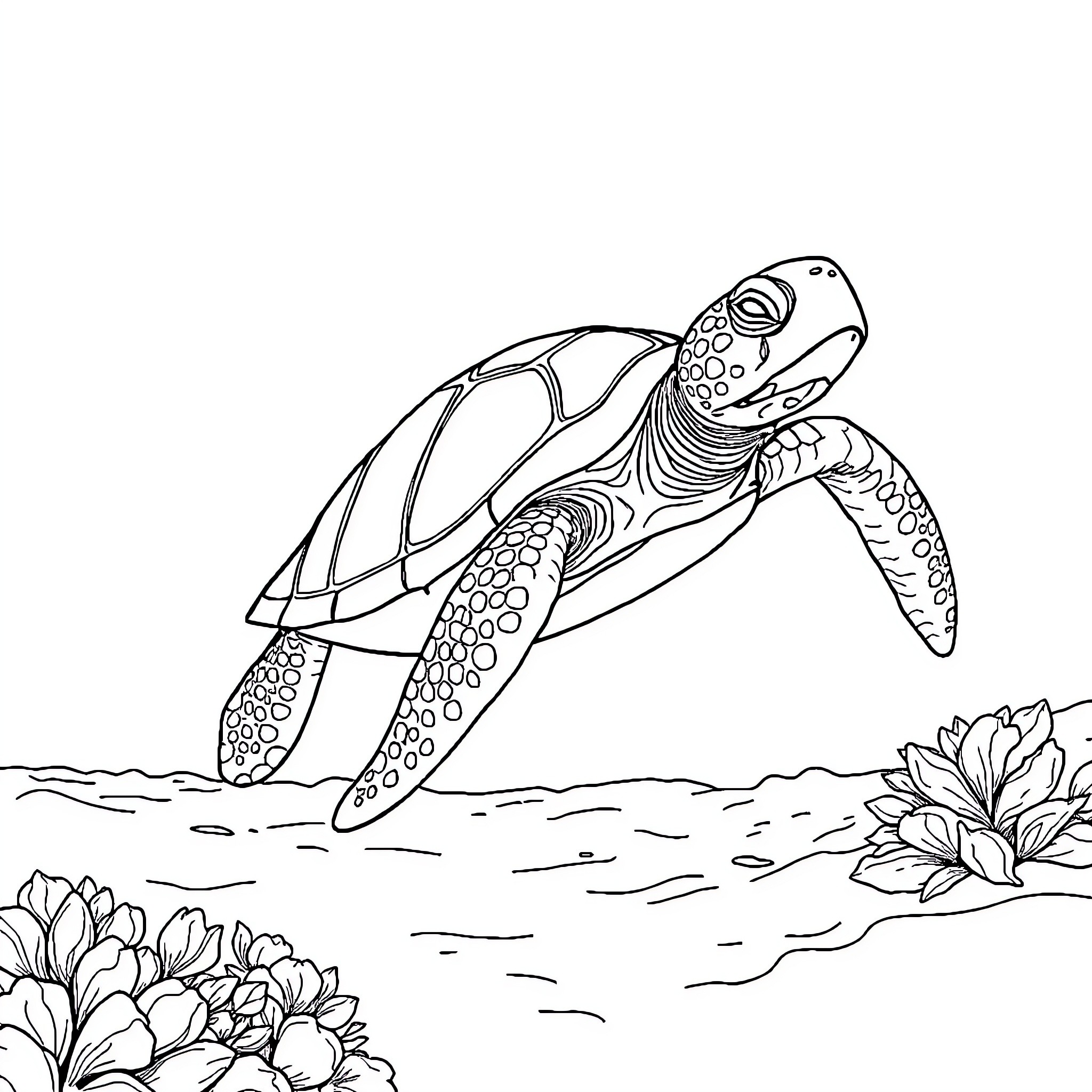 Turtle swimming gracefully in the water Coloring Page (free black-and-white line drawing printable PDF for all, from beginners to advanced learners, including children, teens, adults, and seniors)