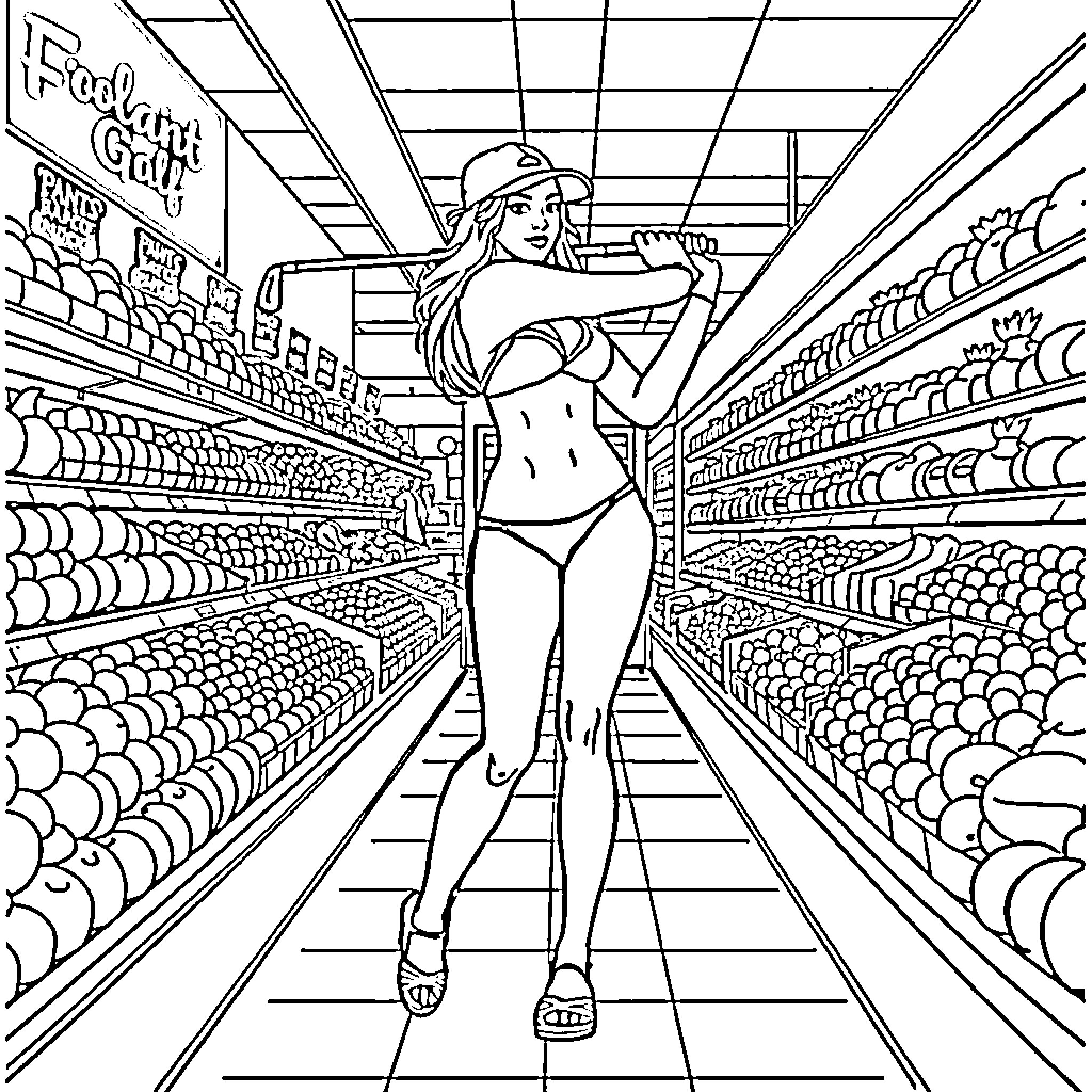 Woman shopping enthusiastically in the grocery store Coloring Page (free black-and-white line drawing printable PDF for all, from beginners to advanced learners, including children, teens, adults, and seniors)