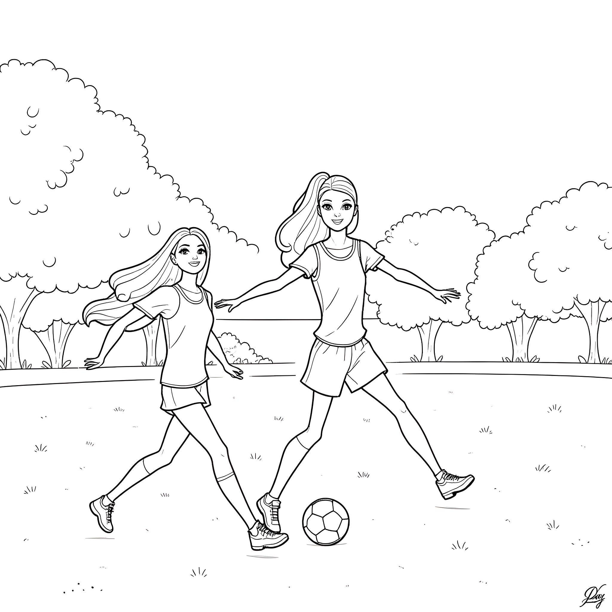Barbie girls playing soccer in the park Coloring Page (free black-and-white line drawing printable PDF for all, from beginners to advanced learners, including children, teens, adults, and seniors)