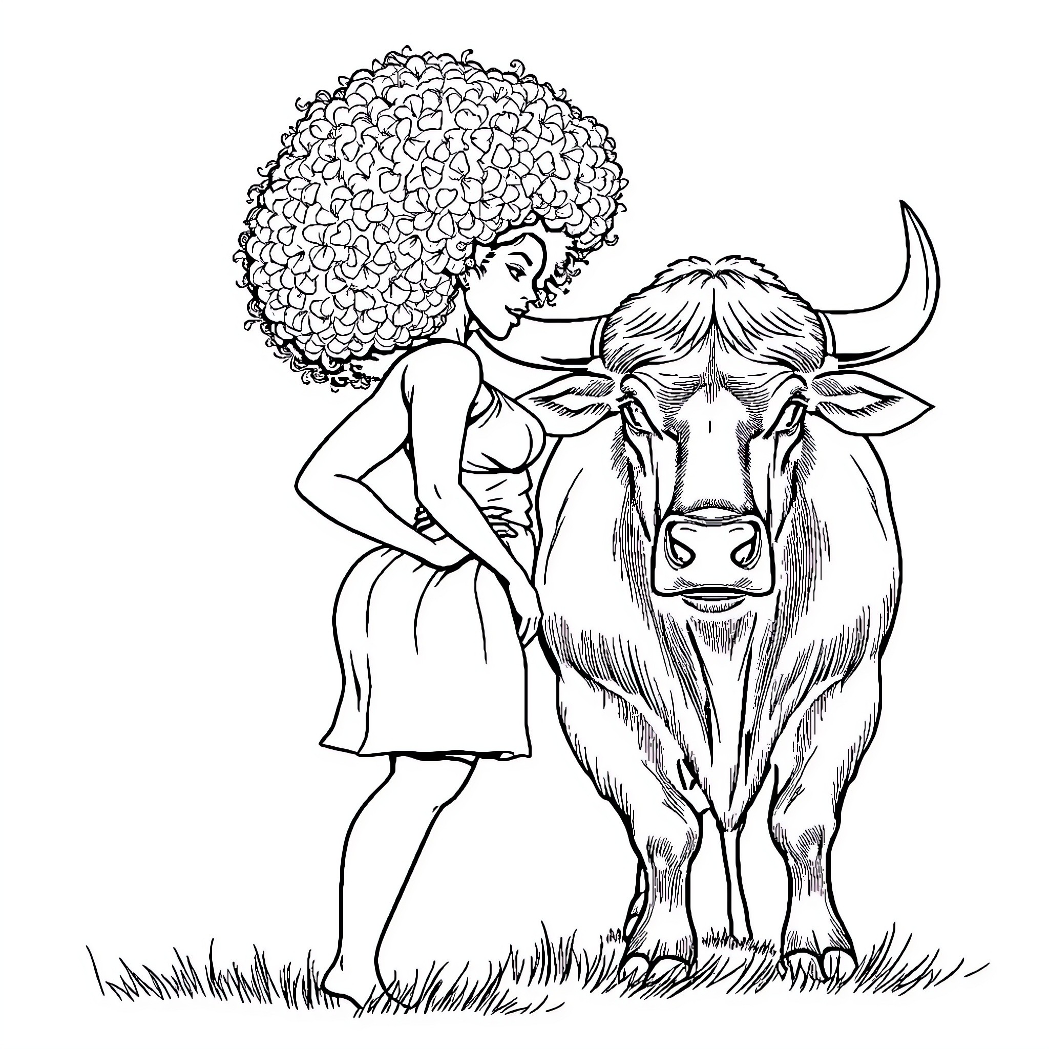 Woman standing next to a cow with large horns Coloring Page (free black-and-white line drawing printable PDF for all, from beginners to advanced learners, including children, teens, adults, and seniors)