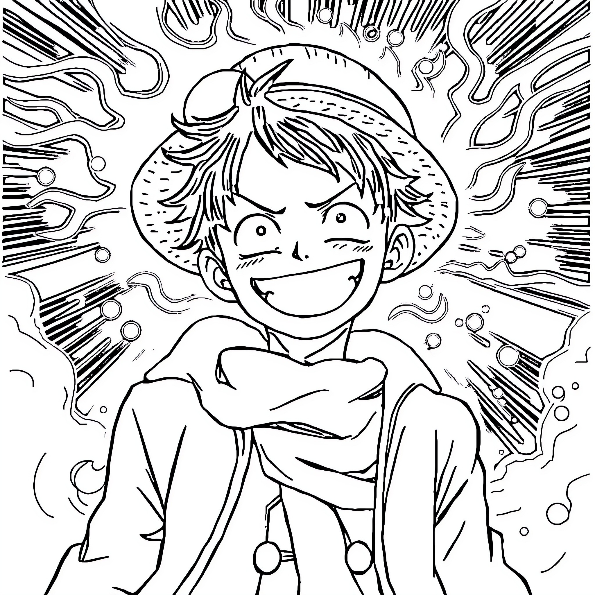 Luffy's Joyful Adventure in the Whimsical World Coloring Page (free black-and-white line drawing printable PDF for all, from beginners to advanced learners, including children, teens, adults, and seniors)