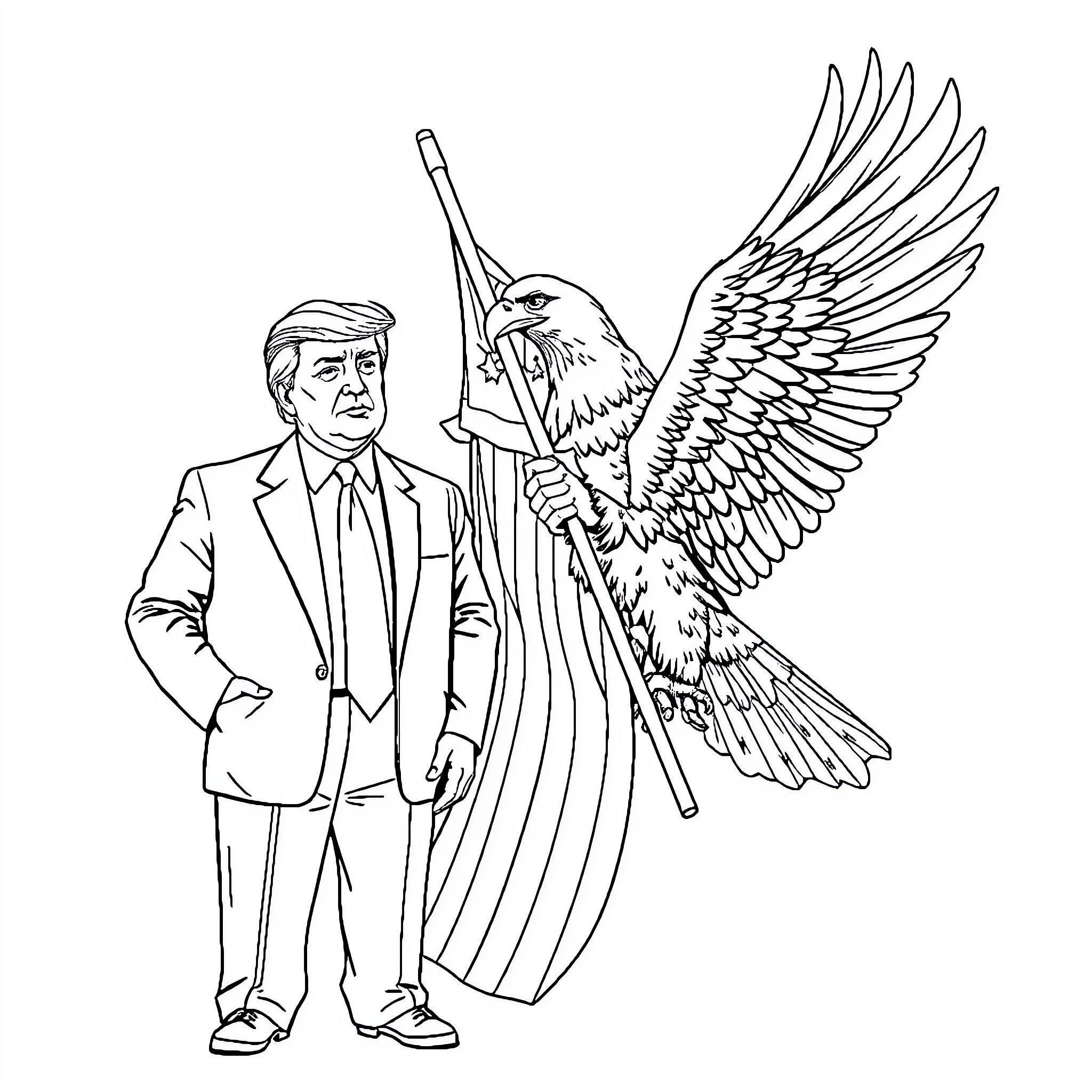 Trump Commanding a Majestic Eagle Coloring Page (free black-and-white line drawing printable PDF for all, from beginners to advanced learners, including children, teens, adults, and seniors)