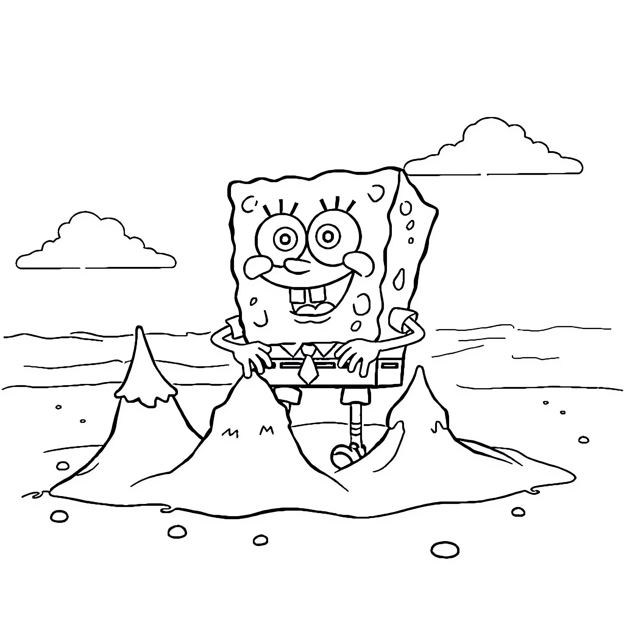 Spongebob enjoying a sunny day in the park Coloring Page (free black-and-white line drawing printable PDF for all, from beginners to advanced learners, including children, teens, adults, and seniors)