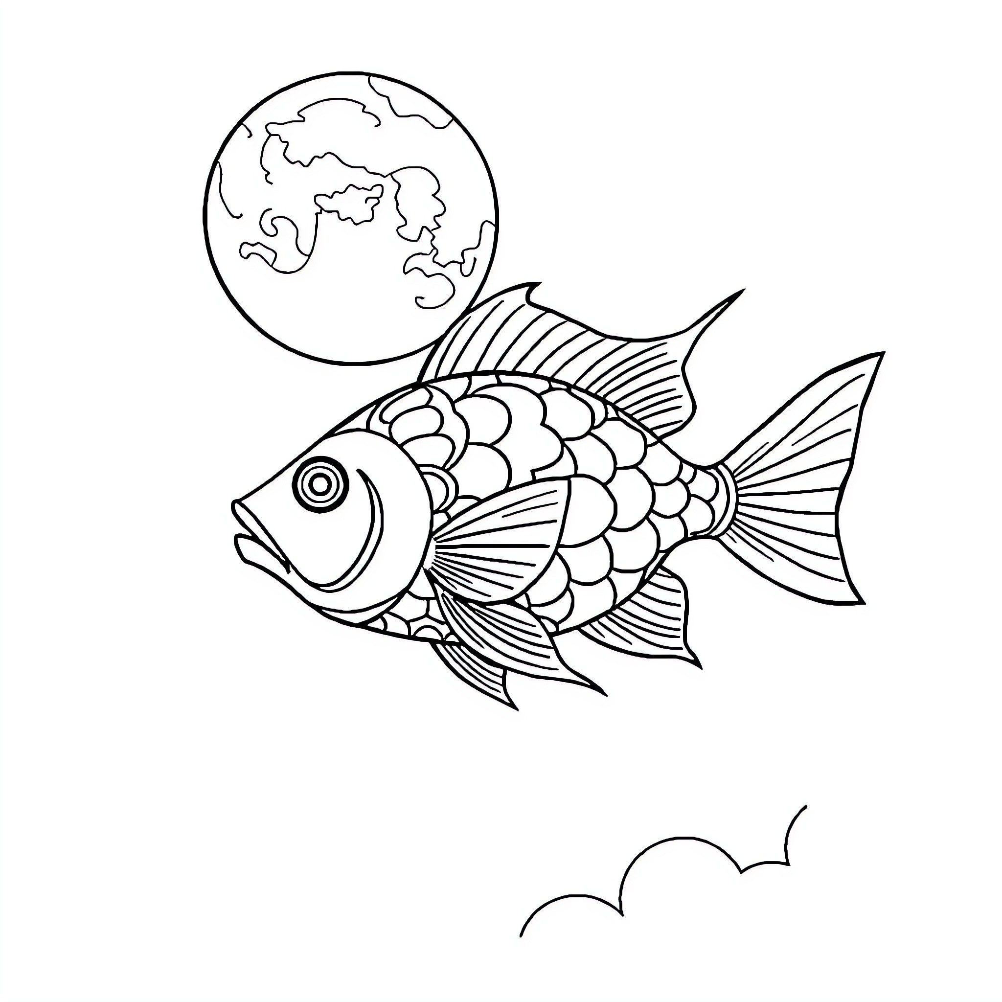 Fish swimming under the moon in the night sky Coloring Page (free black-and-white line drawing printable PDF for all, from beginners to advanced learners, including children, teens, adults, and seniors)