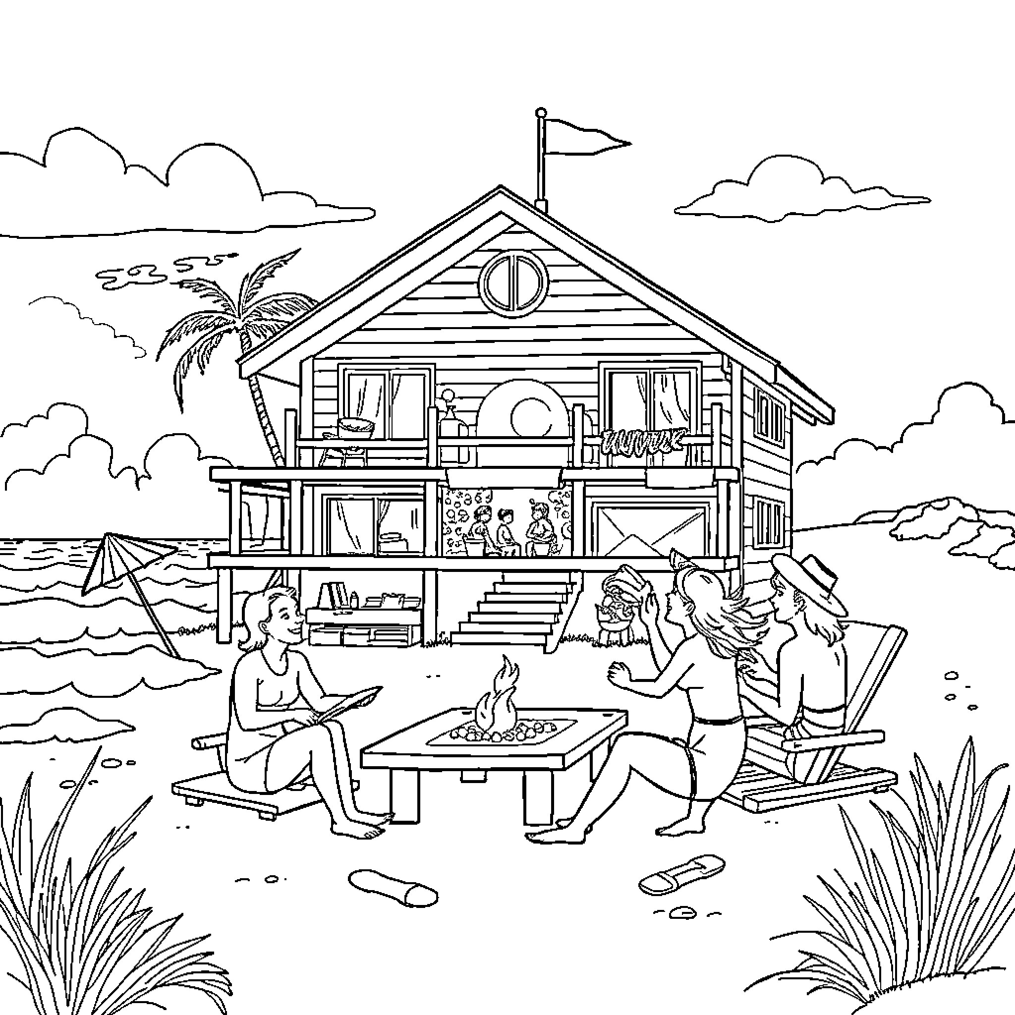 Beach House with Relaxing Family Gathering Coloring Page (free black-and-white line drawing printable PDF for all, from beginners to advanced learners, including children, teens, adults, and seniors)