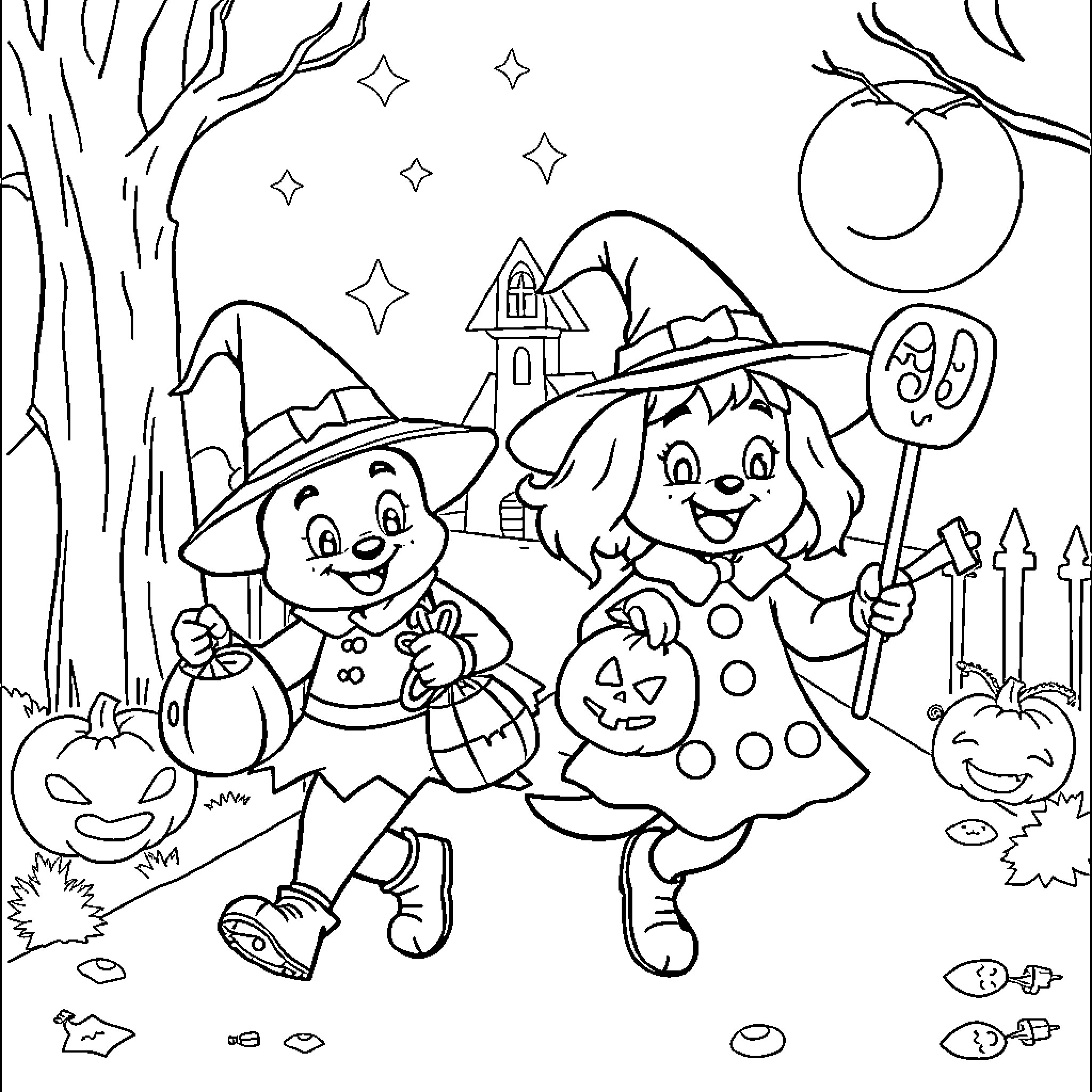 Bluey and friends celebrate Halloween in the park Coloring Page (free black-and-white line drawing printable PDF for all, from beginners to advanced learners, including children, teens, adults, and seniors)