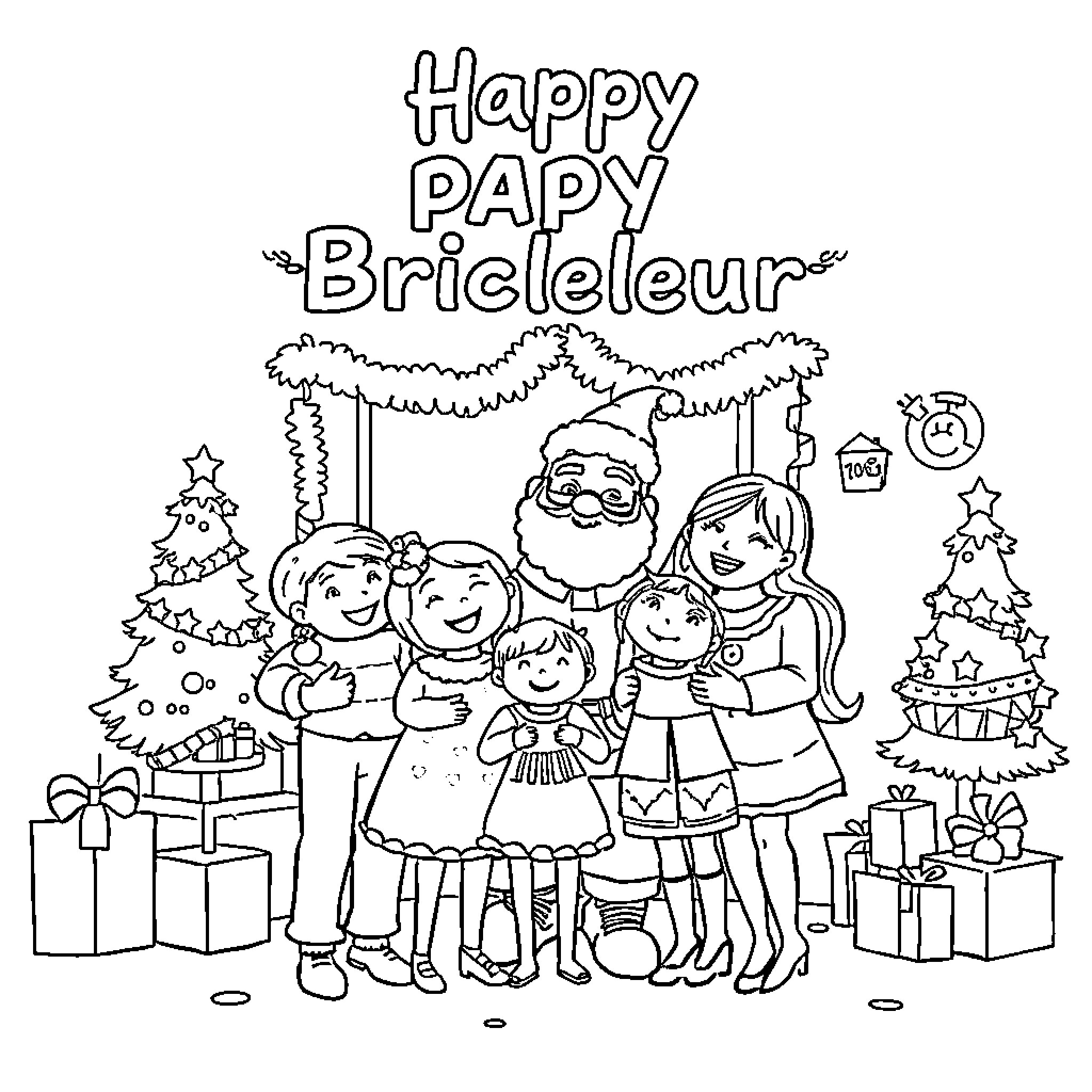 Handyman Santa with family celebrating Christmas Coloring Page (free black-and-white line drawing printable PDF for all, from beginners to advanced learners, including children, teens, adults, and seniors)