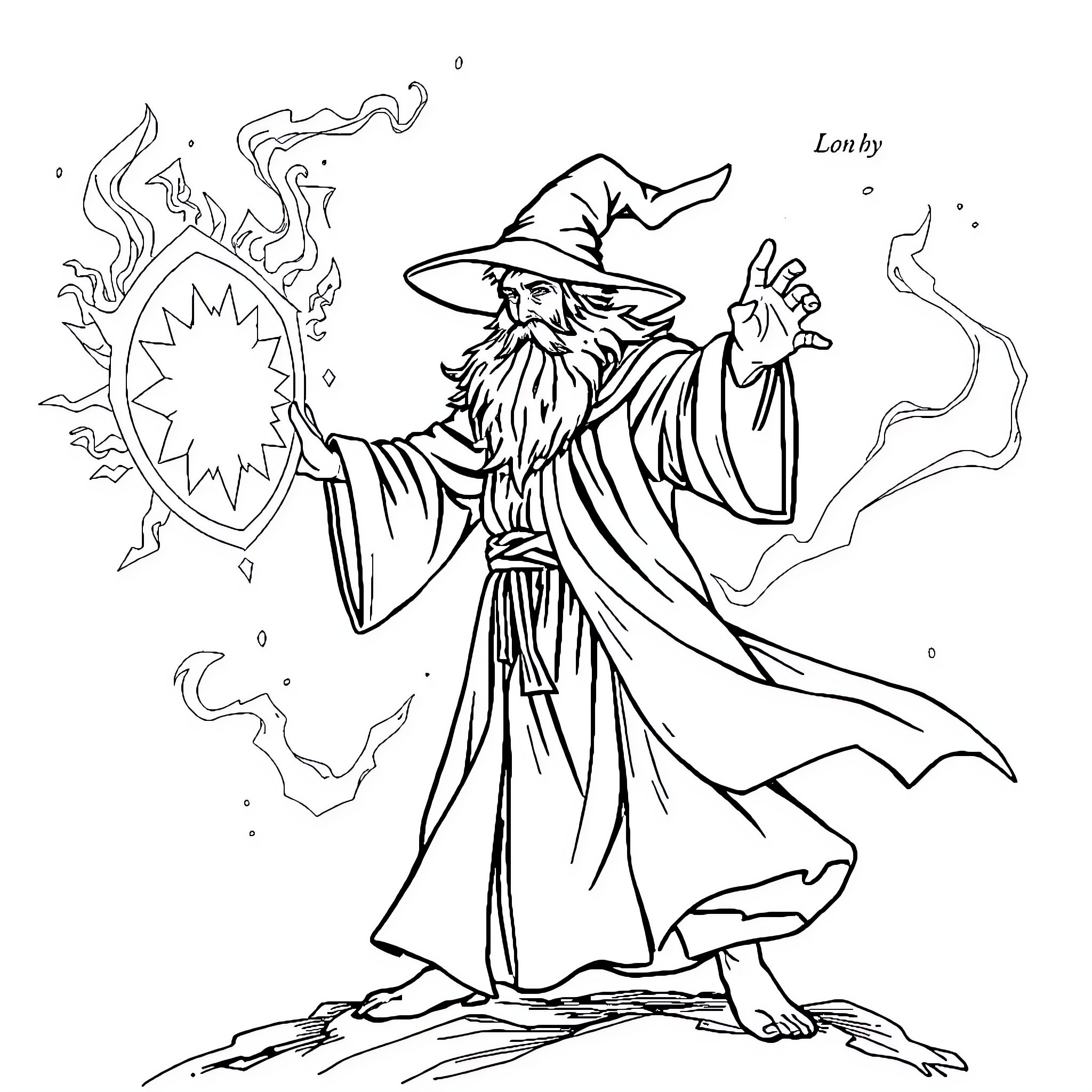 Wizard casting powerful magic spells Coloring Page (free black-and-white line drawing printable PDF for all, from beginners to advanced learners, including children, teens, adults, and seniors)