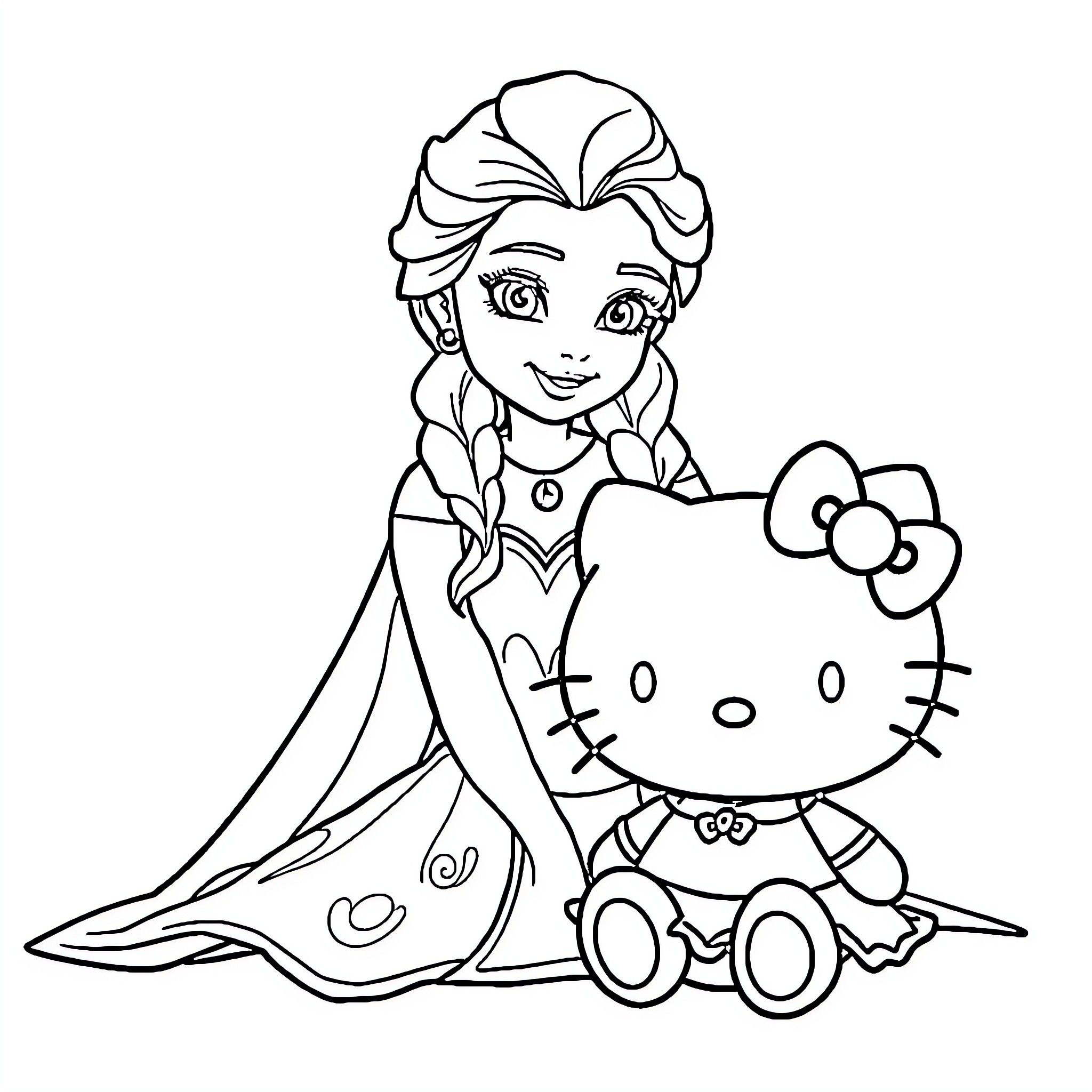 Elsa and Hello Kitty in a Magical Adventure Coloring Page (free black-and-white line drawing printable PDF for all, from beginners to advanced learners, including children, teens, adults, and seniors)