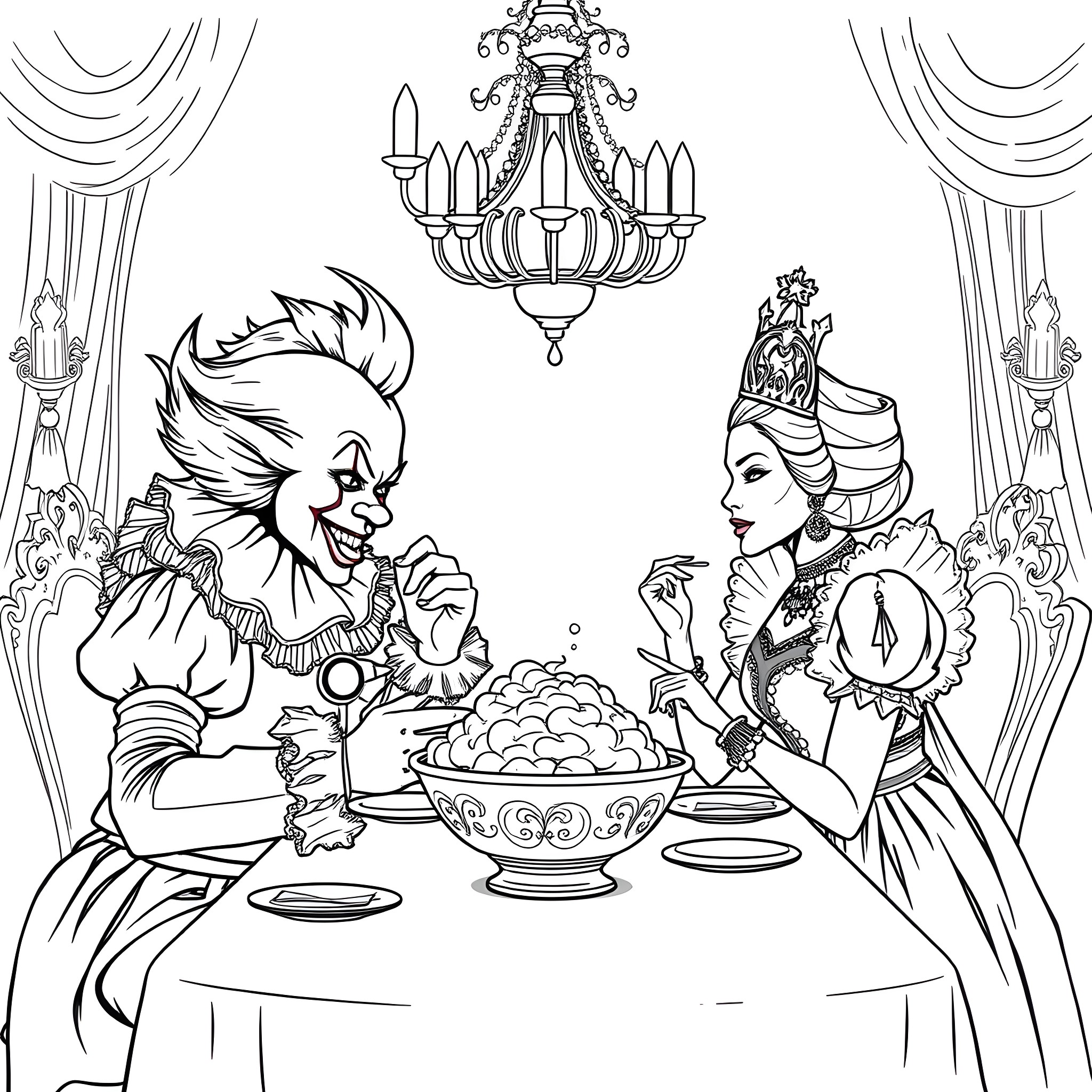 Pennywise's Lavish Dinner with a Royal Coloring Page (free black-and-white line drawing printable PDF for all, from beginners to advanced learners, including children, teens, adults, and seniors)