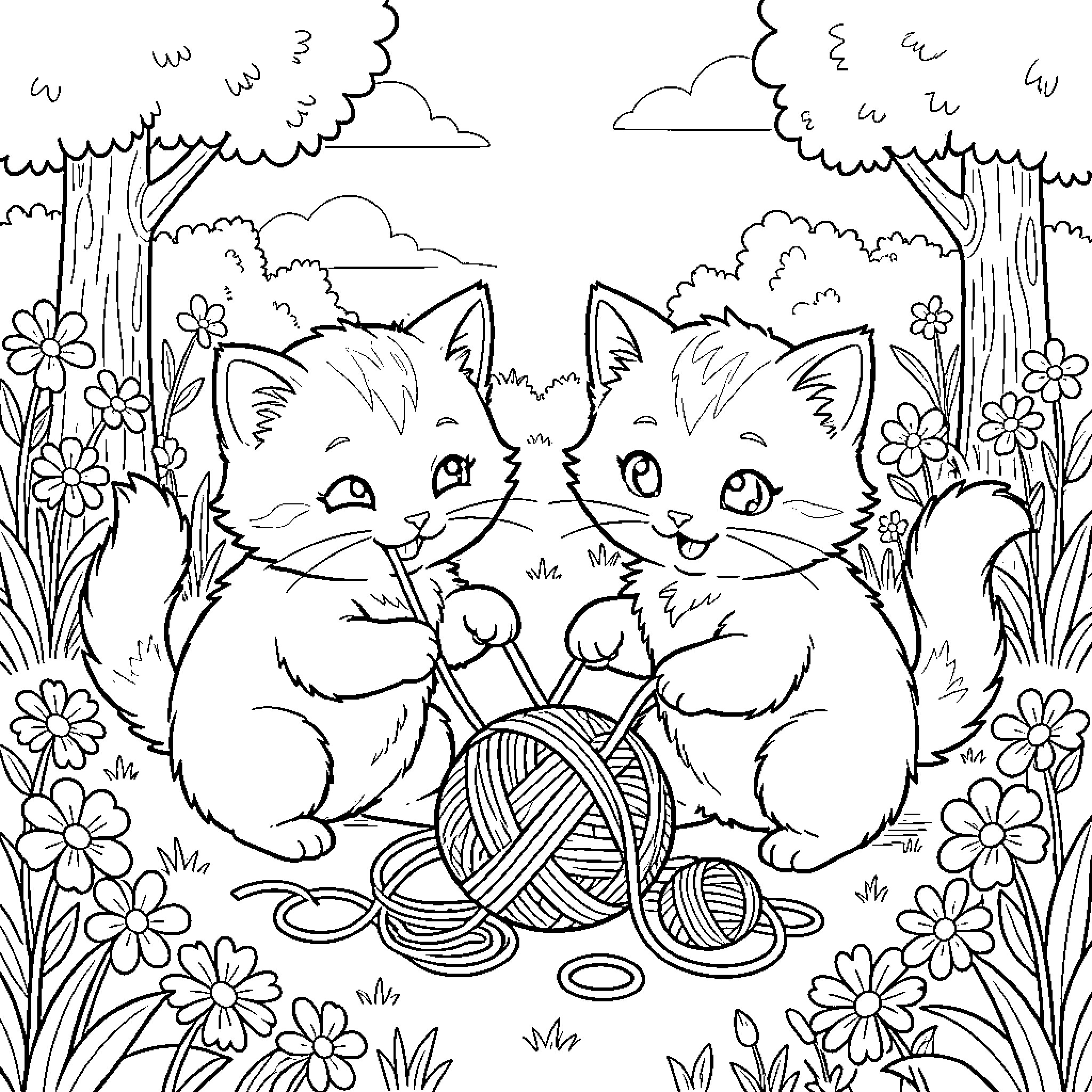 Kitty Companions Playing in Nature Coloring Page (free black-and-white line drawing printable PDF for all, from beginners to advanced learners, including children, teens, adults, and seniors)