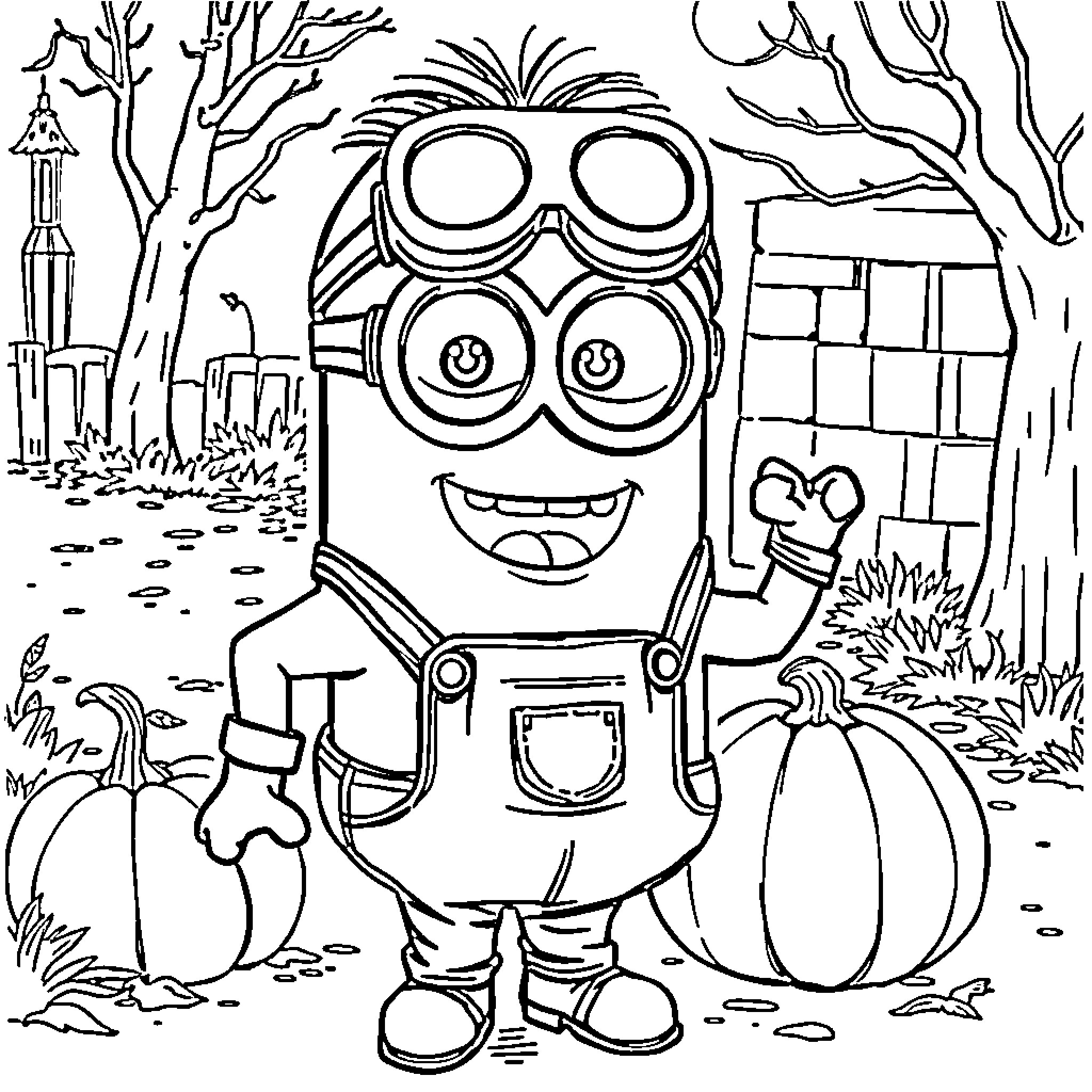 Minion enjoying autumn scenery with pumpkins Coloring Page (free black-and-white line drawing printable PDF for all, from beginners to advanced learners, including children, teens, adults, and seniors)