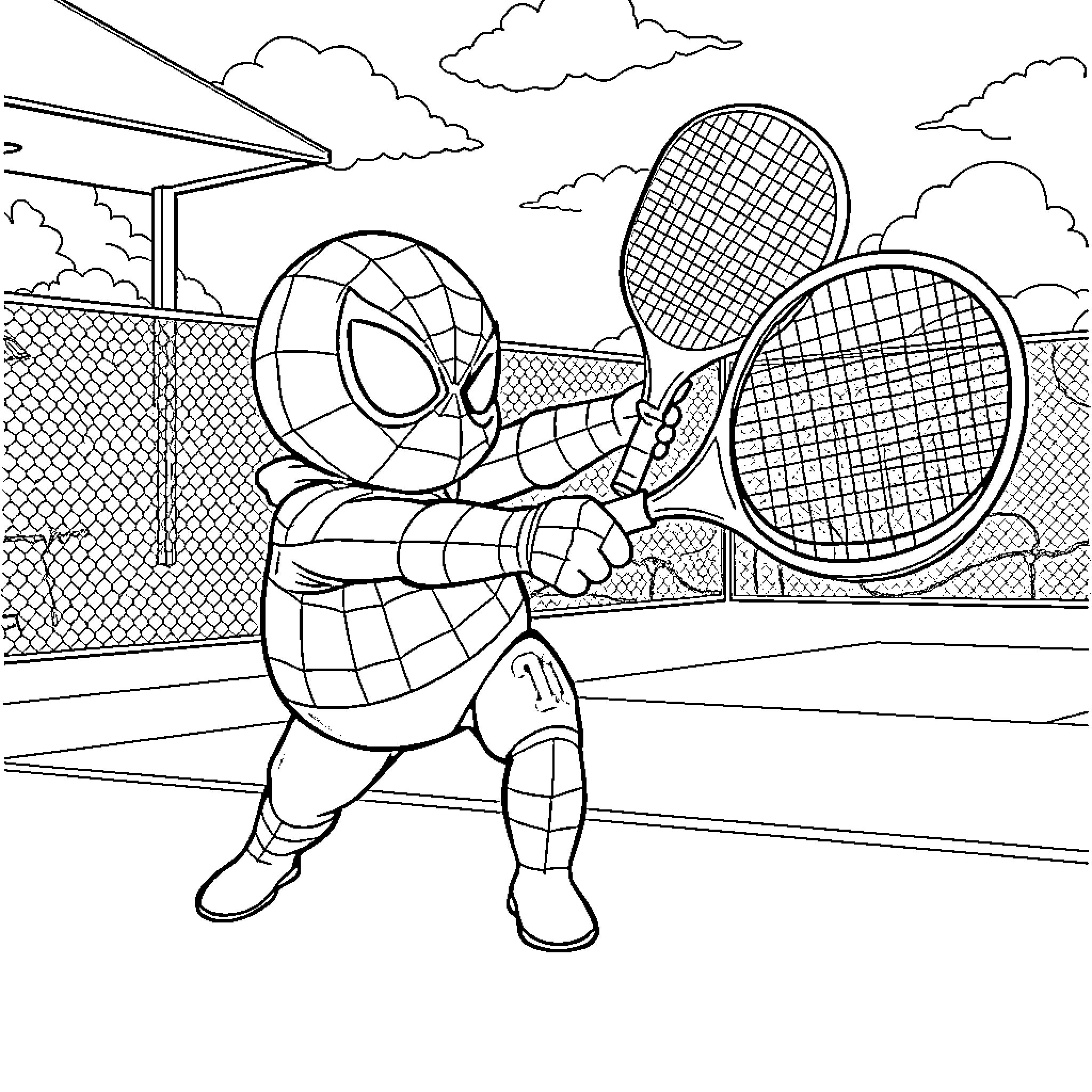 Spider-Man Playing Tennis on the Court Coloring Page (free black-and-white line drawing printable PDF for all, from beginners to advanced learners, including children, teens, adults, and seniors)