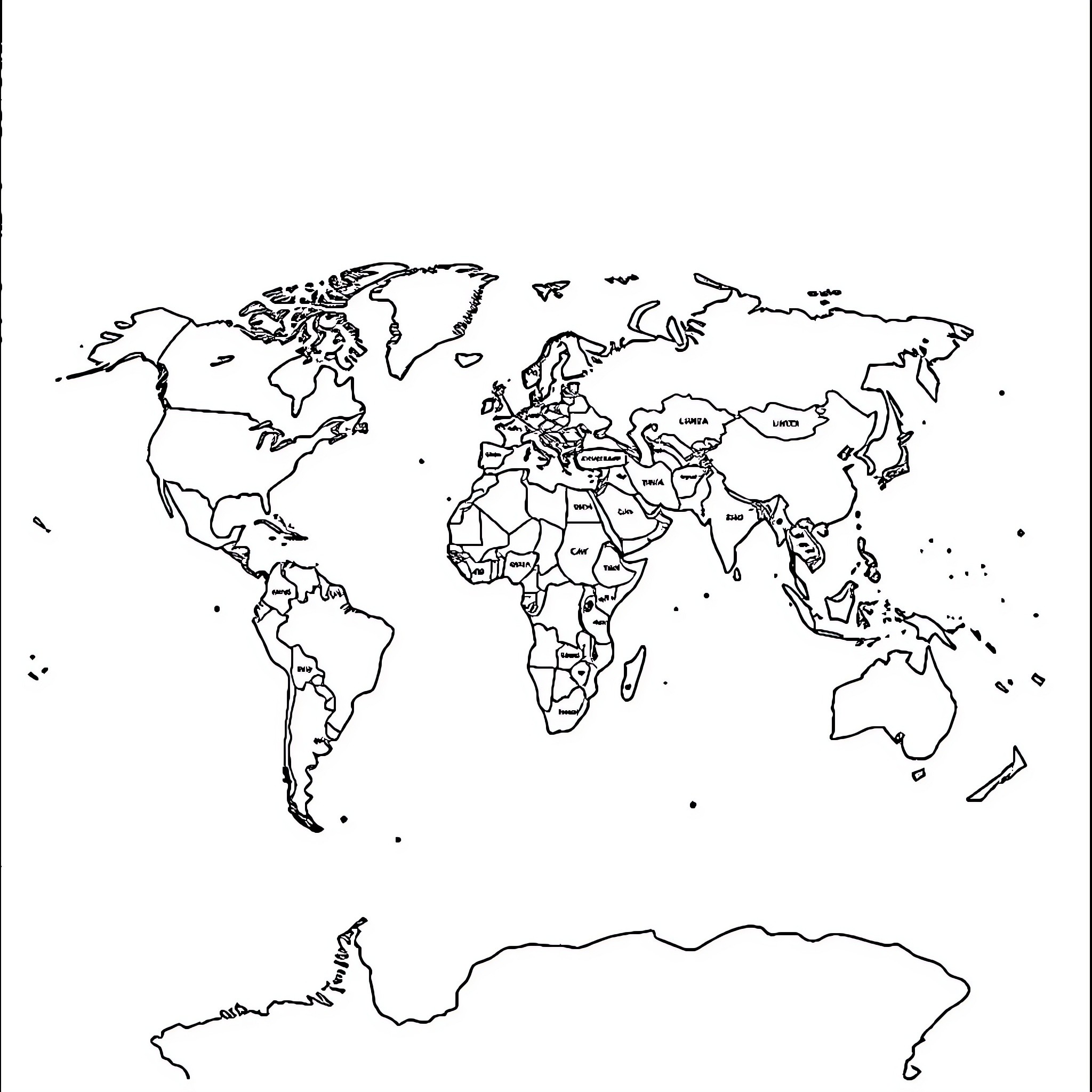 Map of the world with country borders Coloring Page (free black-and-white line drawing printable PDF for all, from beginners to advanced learners, including children, teens, adults, and seniors)