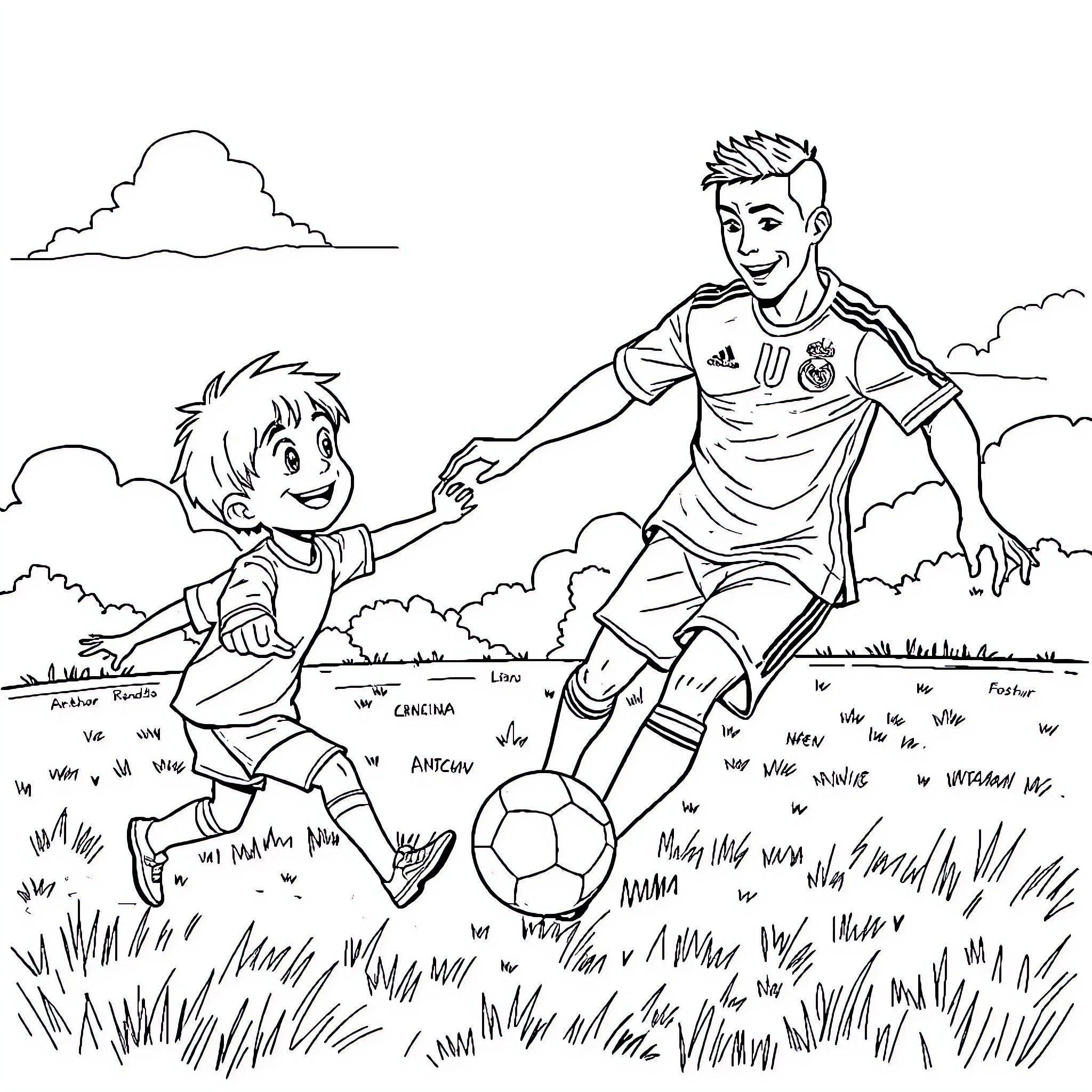 Boy playing soccer with an older player on the field Coloring Page (free black-and-white line drawing printable PDF for all, from beginners to advanced learners, including children, teens, adults, and seniors)