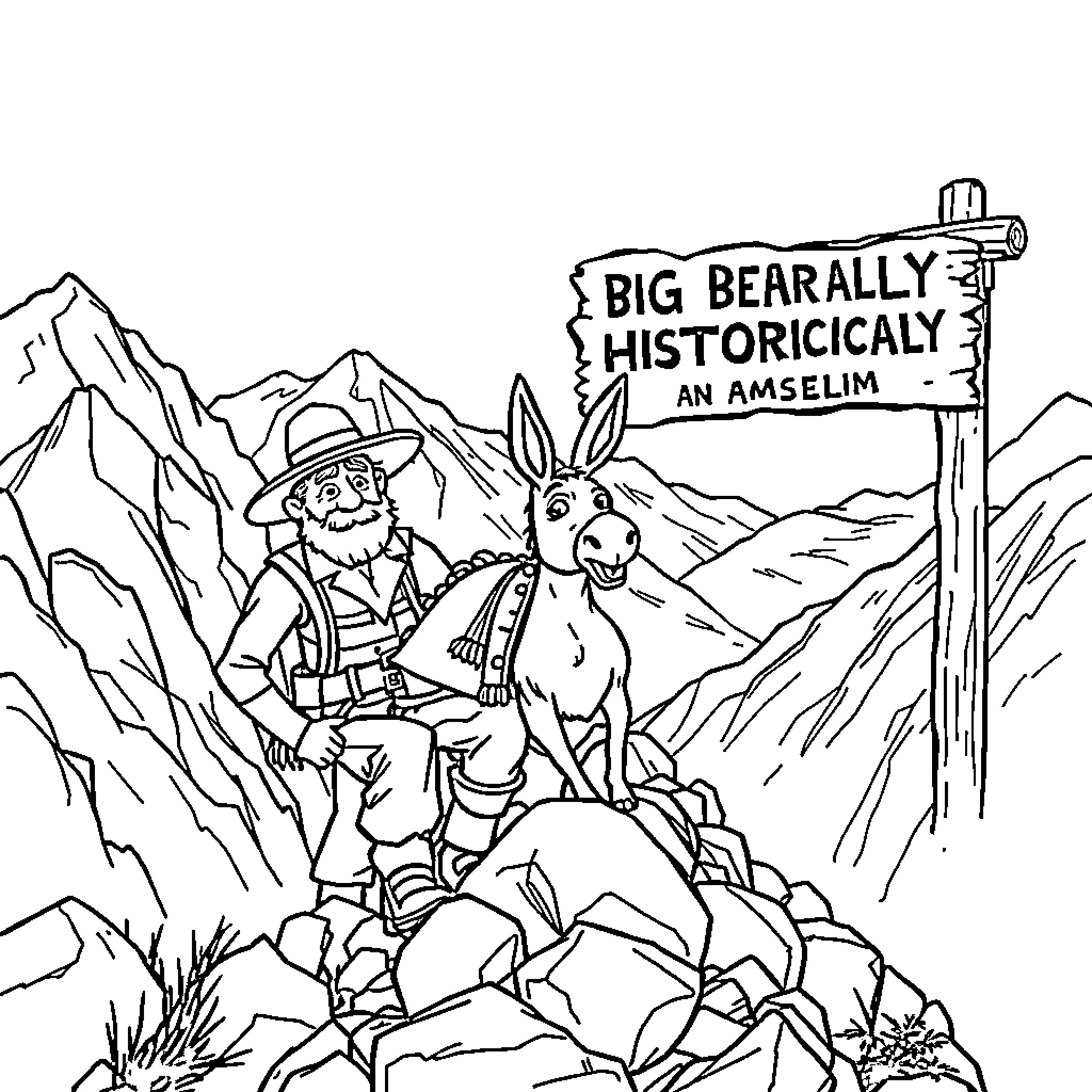 Miner exploring the rugged mountain terrain with his trusty donkey Coloring Page (free black-and-white line drawing printable PDF for all, from beginners to advanced learners, including children, teens, adults, and seniors)