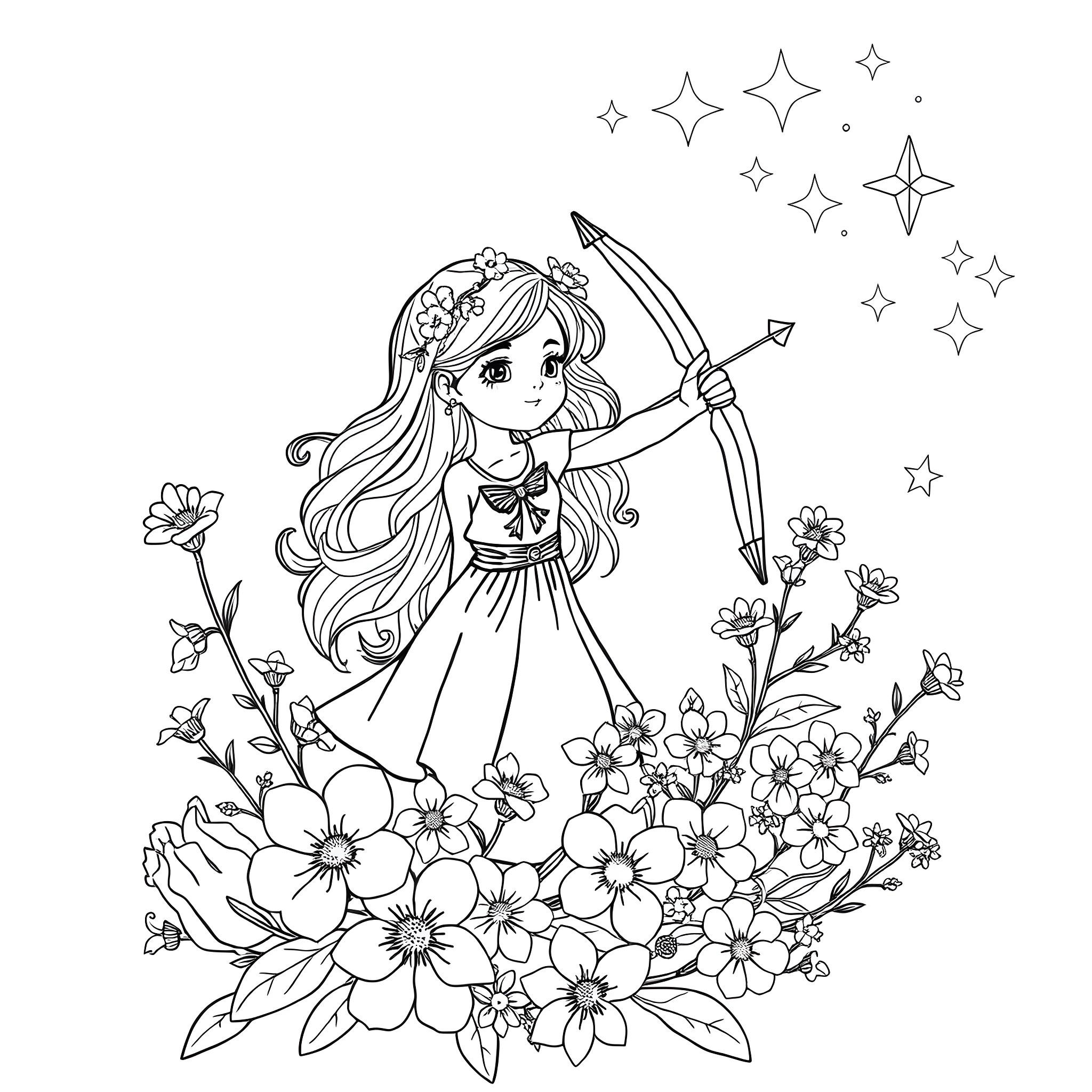Sagittarius Girl Amid Blooming Flowers and Shooting Stars Coloring Page (free black-and-white line drawing printable PDF for all, from beginners to advanced learners, including children, teens, adults, and seniors)