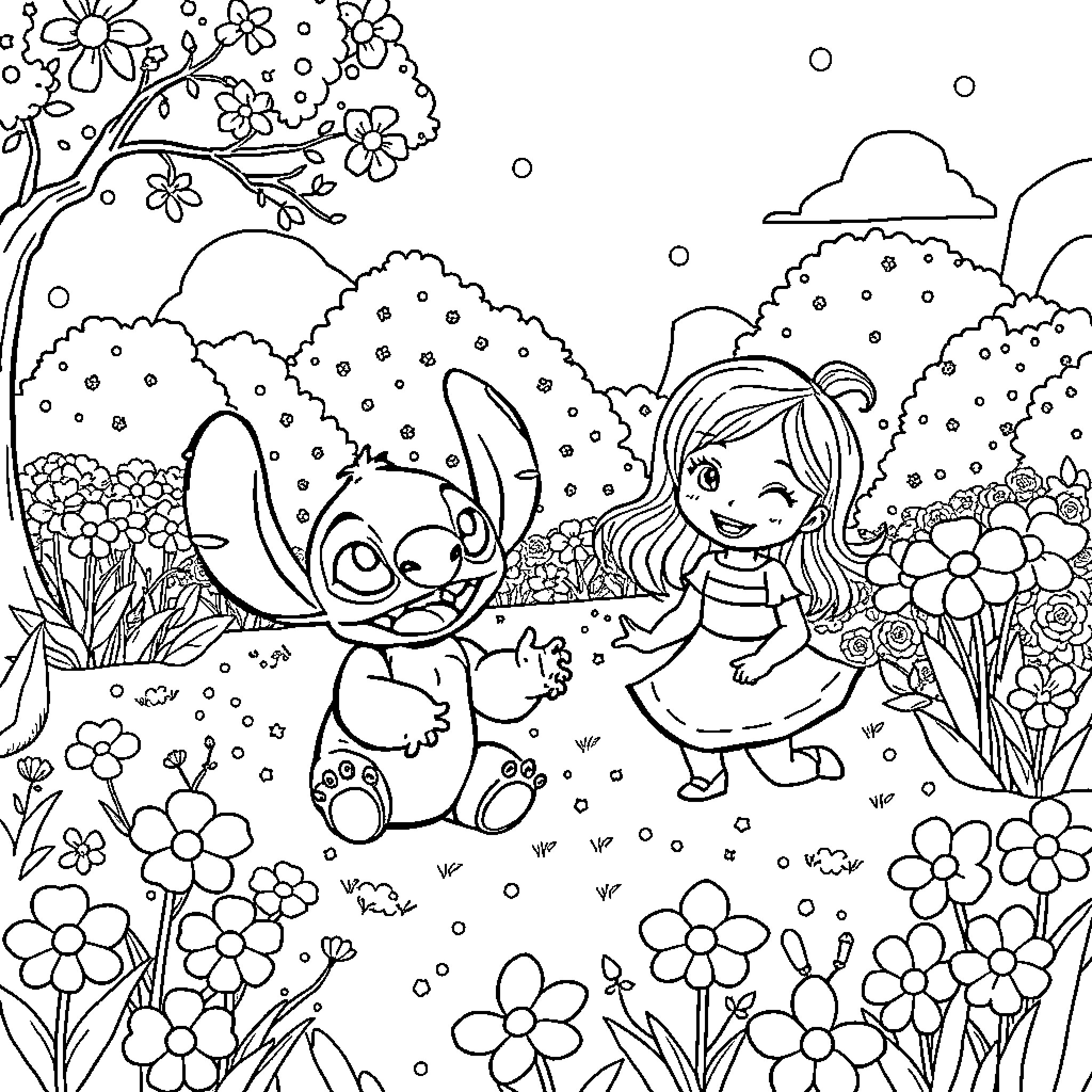 Stitch and girl exploring the flowery garden Coloring Page (free black-and-white line drawing printable PDF for all, from beginners to advanced learners, including children, teens, adults, and seniors)