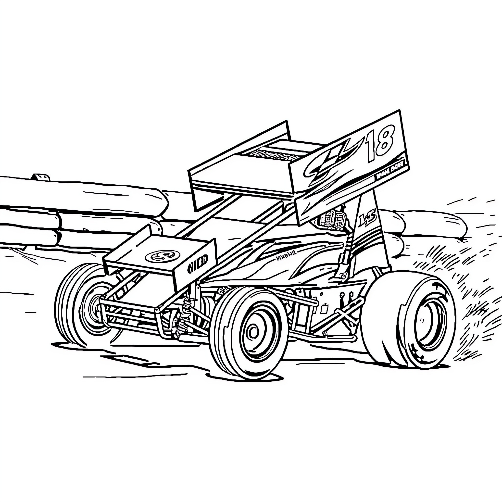 Sprint Car in Action Race on Track Coloring Page (free black-and-white line drawing printable PDF for all, from beginners to advanced learners, including children, teens, adults, and seniors)