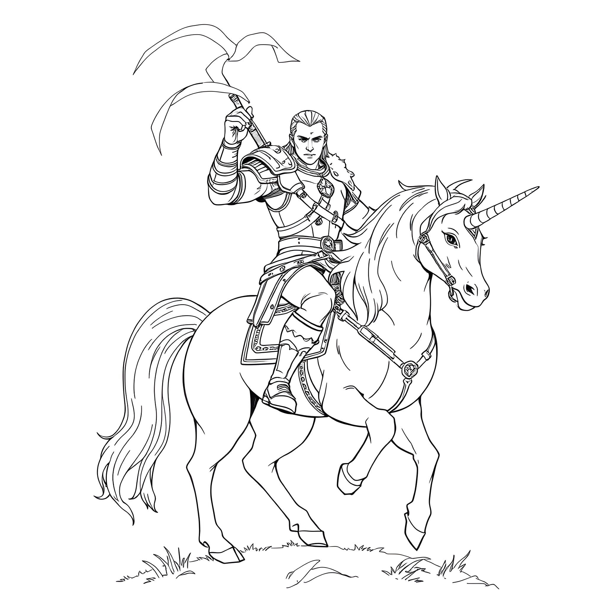 Gerald the Valiant Knight Charging on Horseback Coloring Page (free black-and-white line drawing printable PDF for all, from beginners to advanced learners, including children, teens, adults, and seniors)