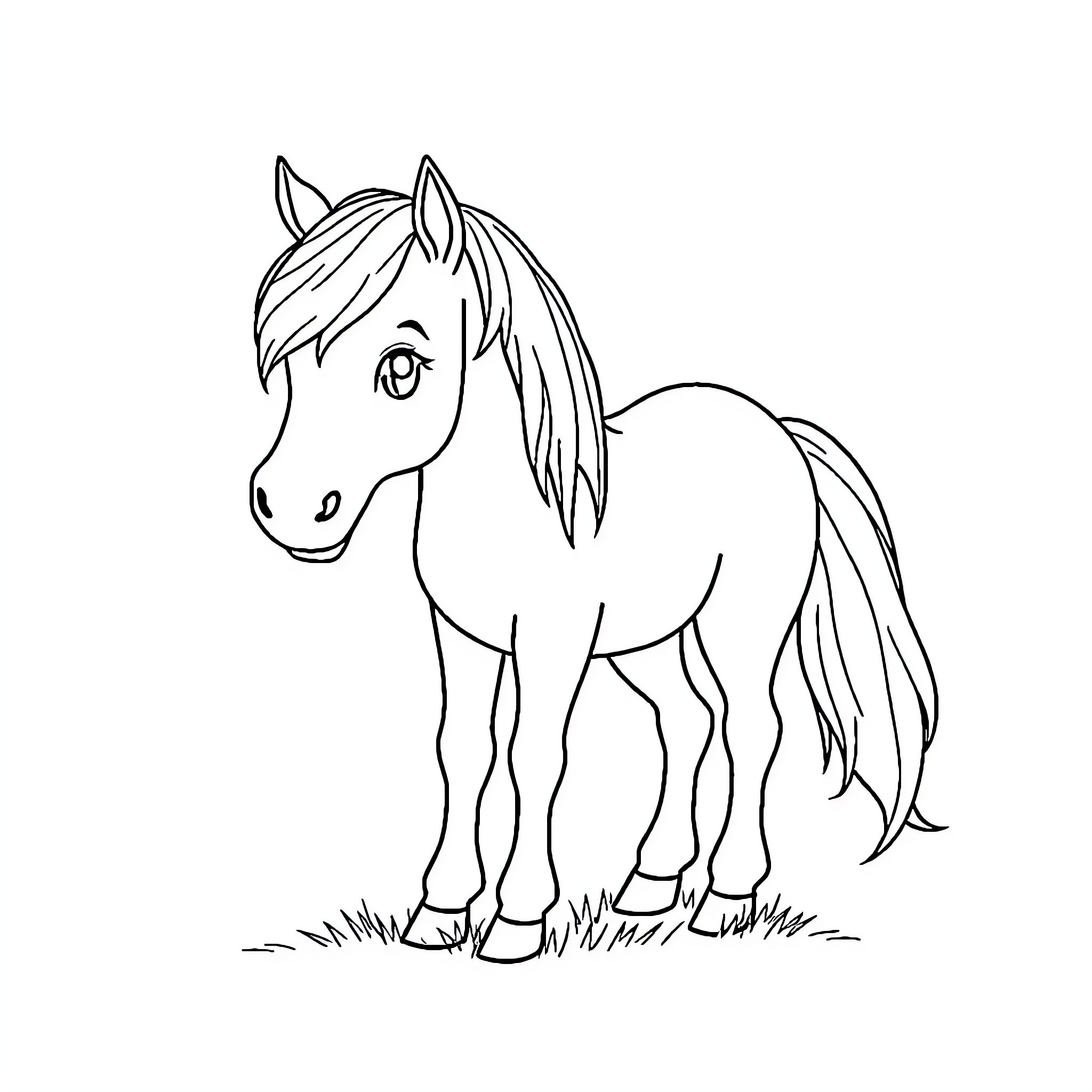 Pongo the Playful Pony in Grassy Field Coloring Page (free black-and-white line drawing printable PDF for all, from beginners to advanced learners, including children, teens, adults, and seniors)