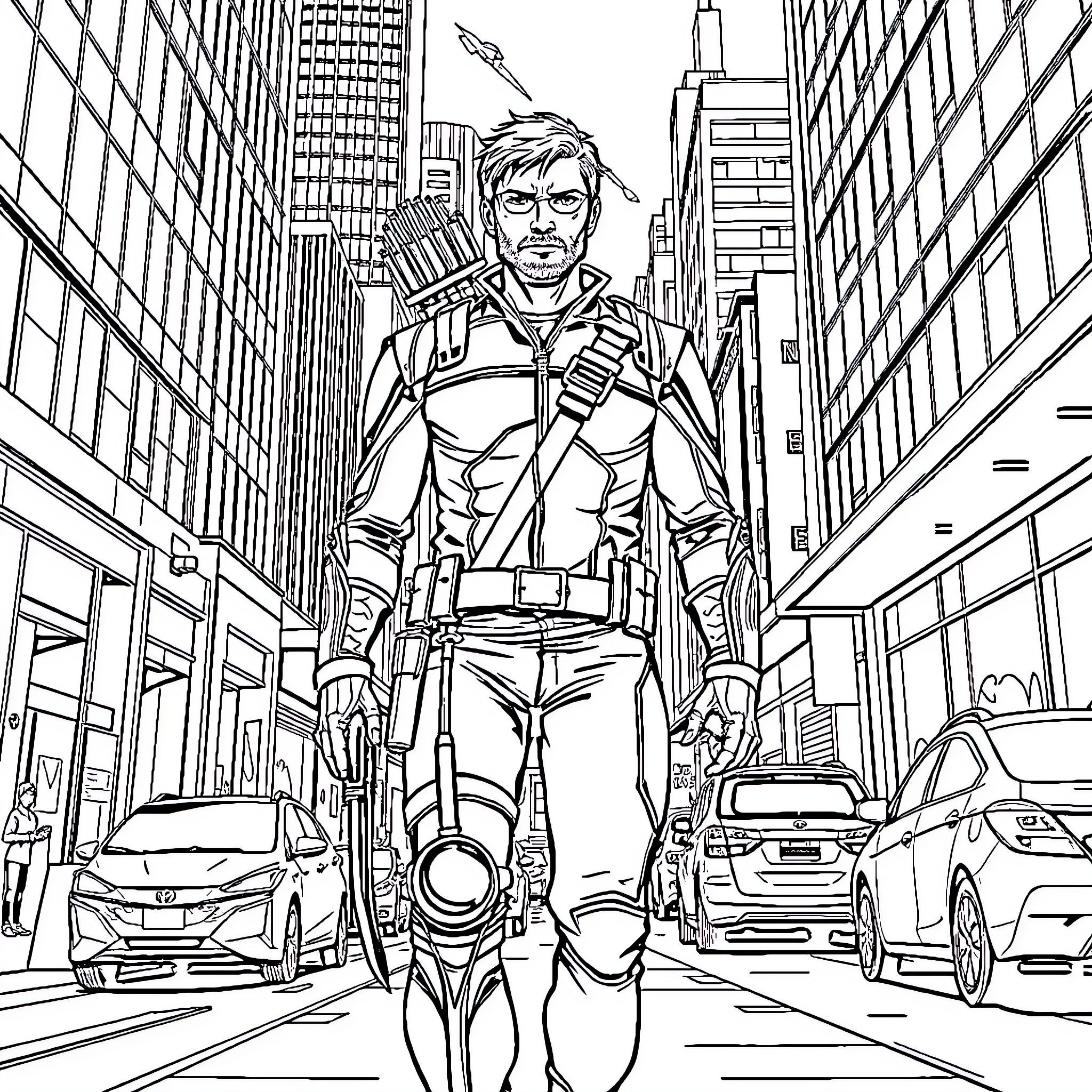 Oliver Queen's Heroic Vigilante Presence in the City Coloring Page (free black-and-white line drawing printable PDF for all, from beginners to advanced learners, including children, teens, adults, and seniors)