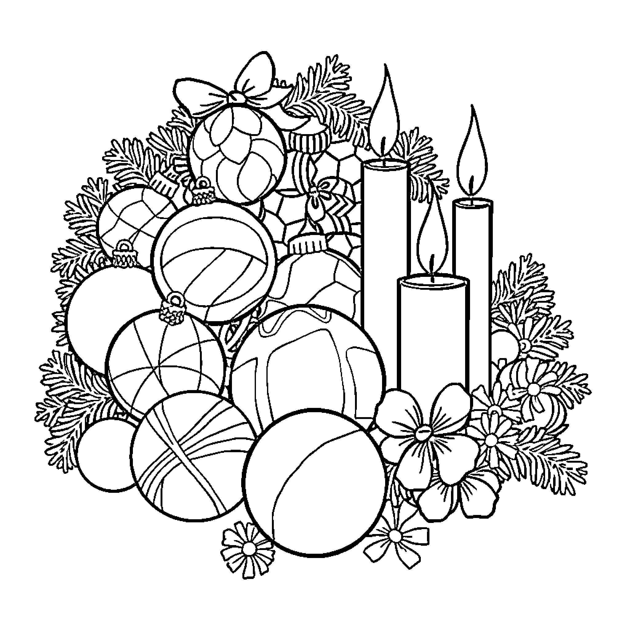 Christmas Object with Ornaments and Candle Coloring Page (free black-and-white line drawing printable PDF for all, from beginners to advanced learners, including children, teens, adults, and seniors)