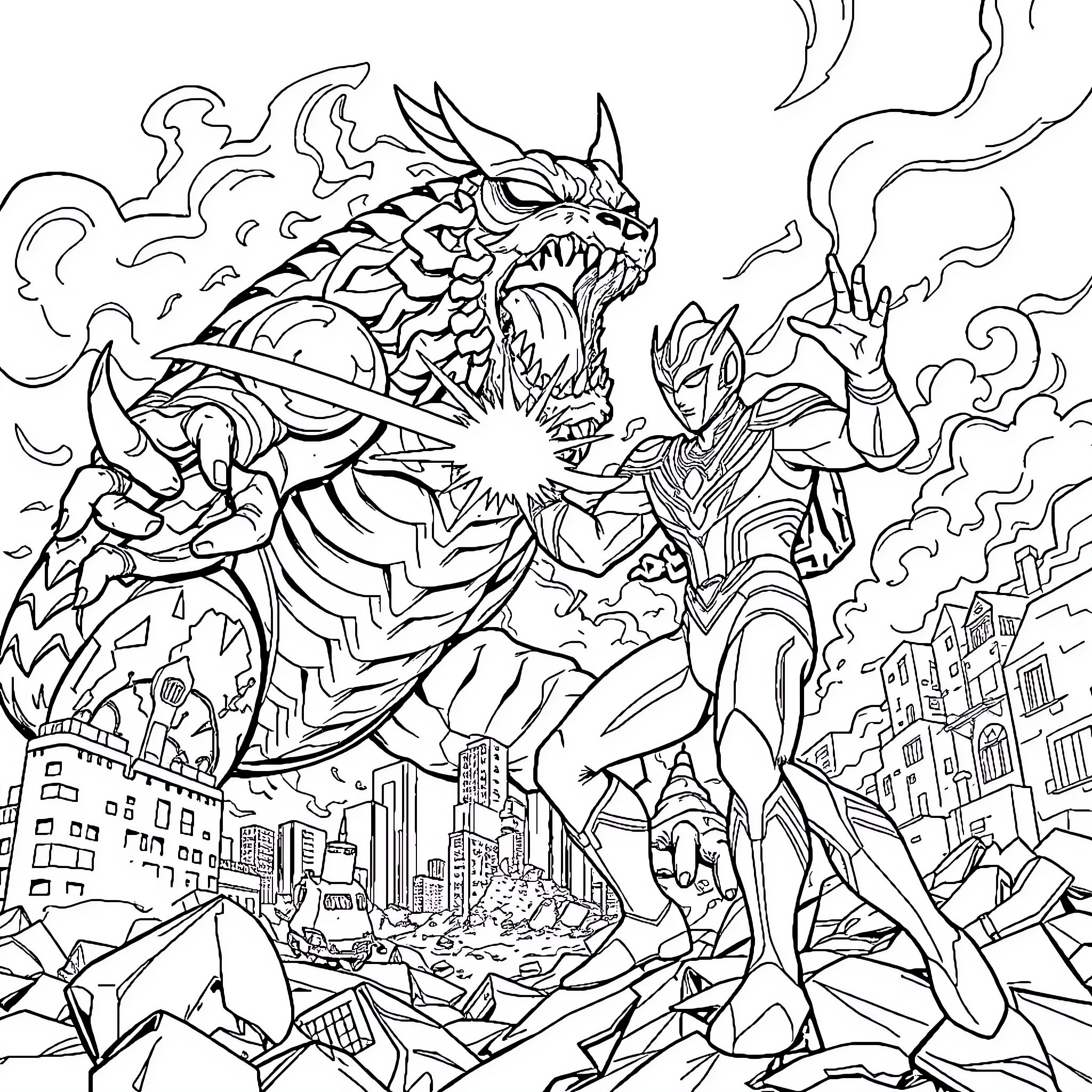 Ultraman battling a monstrous creature in a city landscape Coloring Page (free black-and-white line drawing printable PDF for all, from beginners to advanced learners, including children, teens, adults, and seniors)