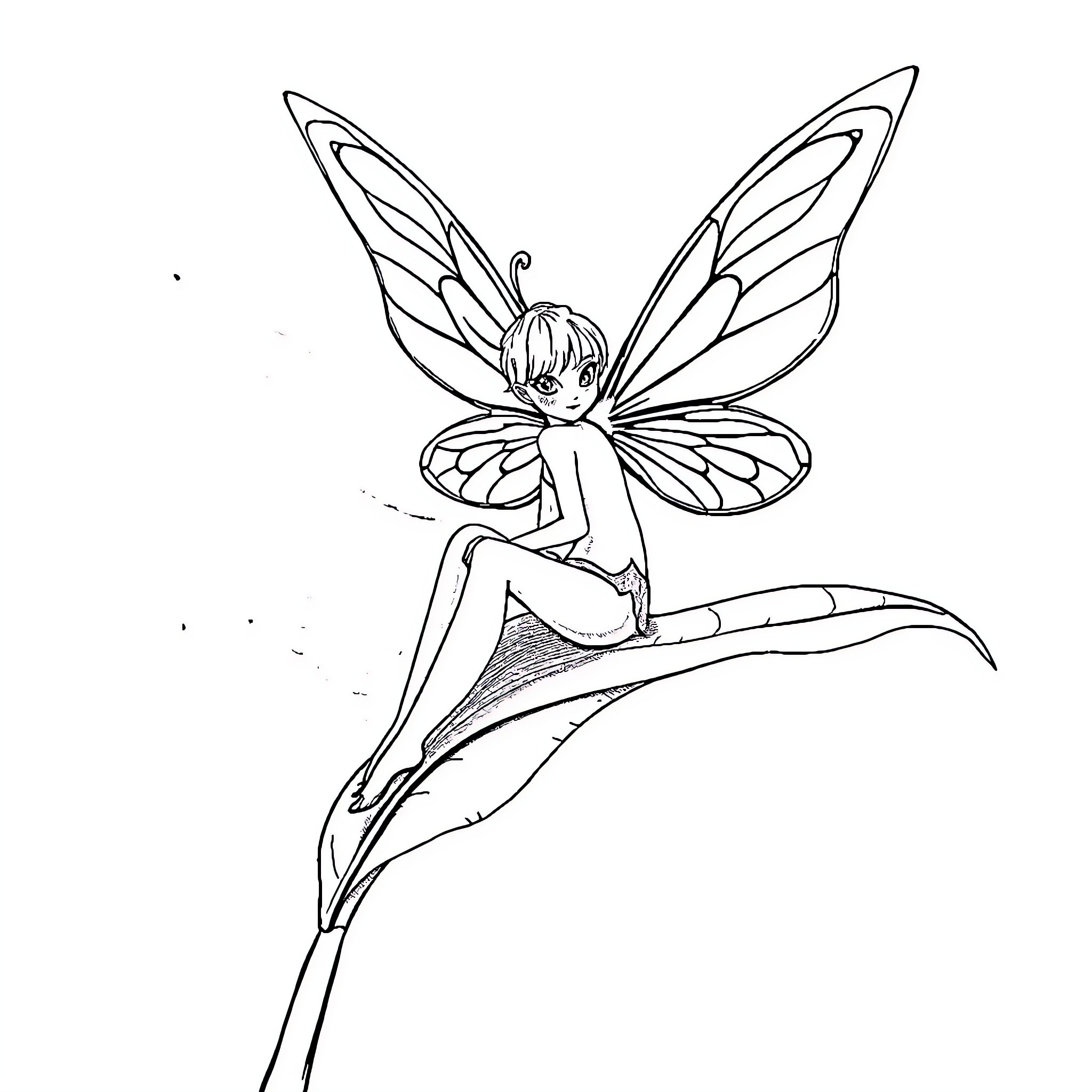 Fairy resting on flower petal Coloring Page (free black-and-white line drawing printable PDF for all, from beginners to advanced learners, including children, teens, adults, and seniors)