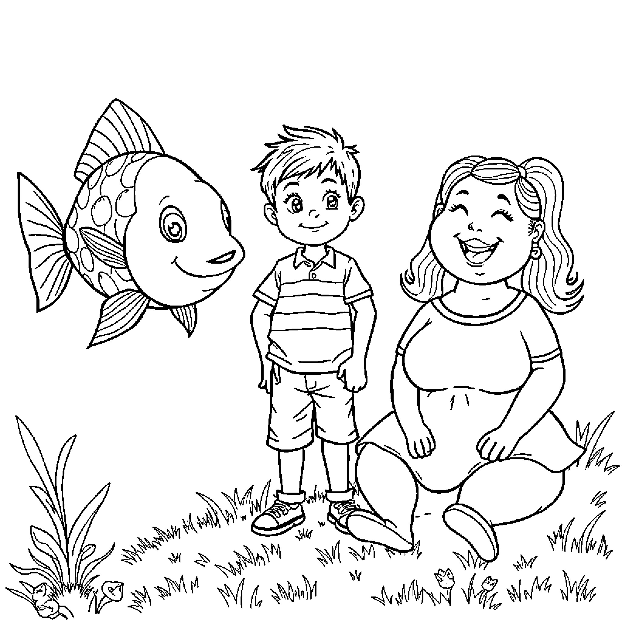 Fish, Boy, and Girl in Nature Coloring Page (free black-and-white line drawing printable PDF for all, from beginners to advanced learners, including children, teens, adults, and seniors)