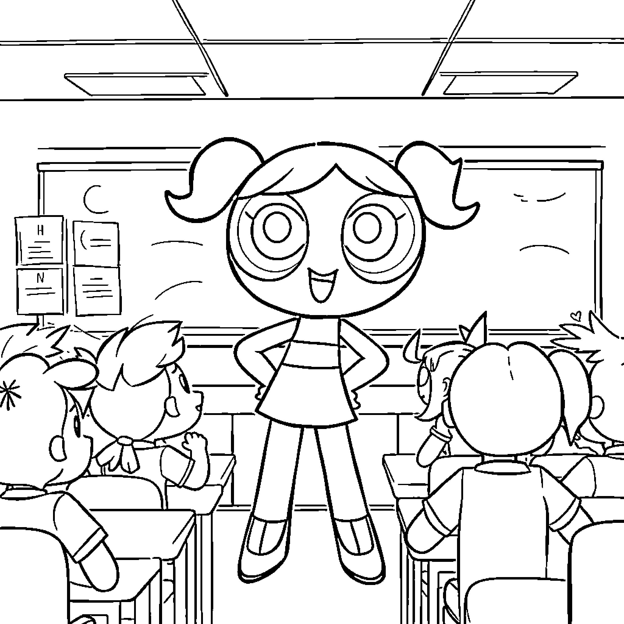 Buttercup's Cheerful Classroom Adventure Coloring Page (free black-and-white line drawing printable PDF for all, from beginners to advanced learners, including children, teens, adults, and seniors)