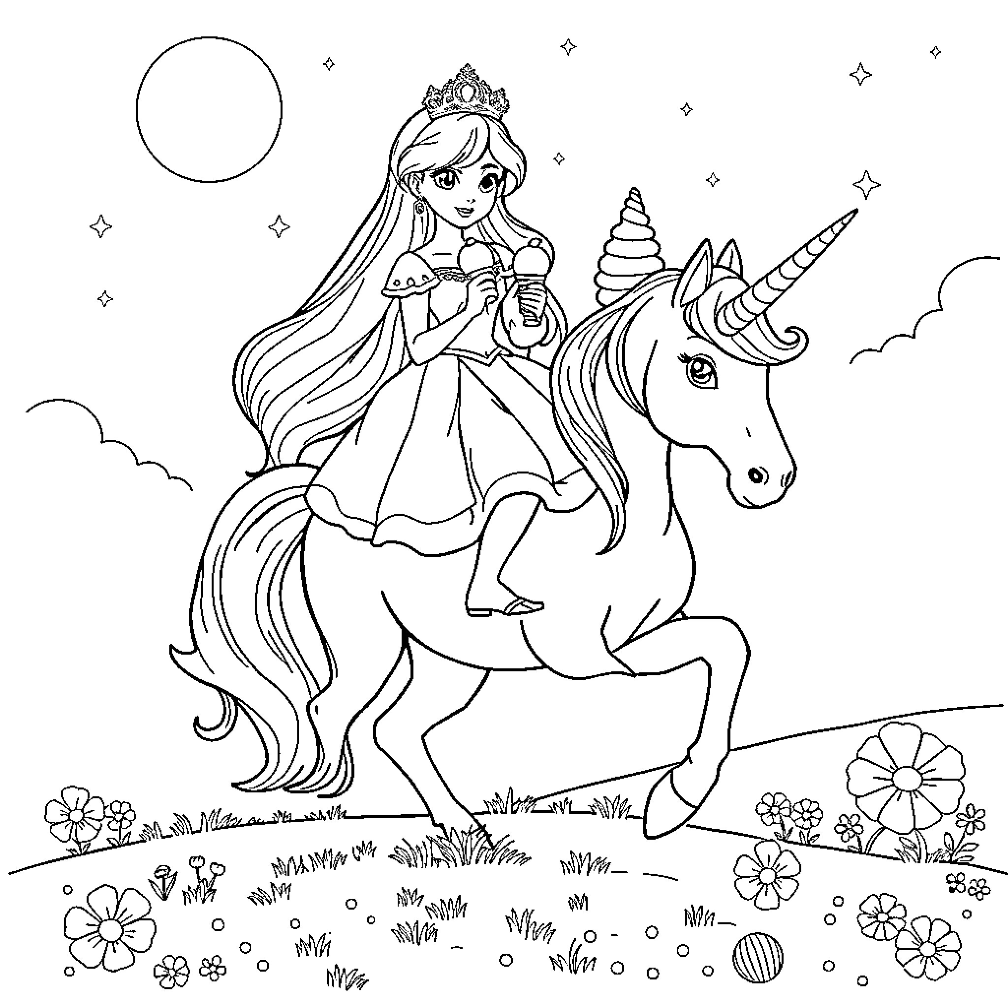 Princess on a Unicorn in a Magical Landscape Coloring Page (free black-and-white line drawing printable PDF for all, from beginners to advanced learners, including children, teens, adults, and seniors)