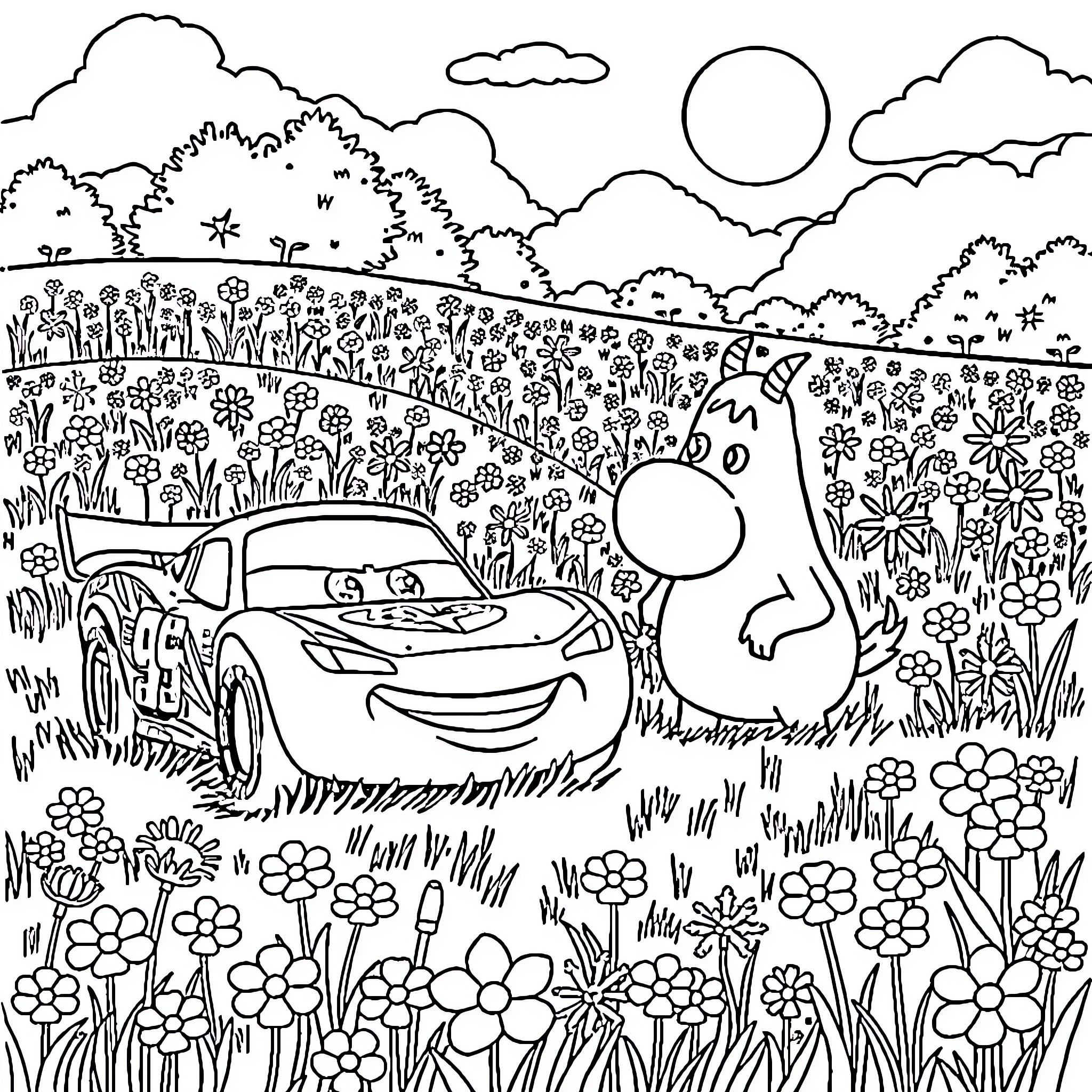 Lightning McQueen's Colorful Adventure in Nature Coloring Page (free black-and-white line drawing printable PDF for all, from beginners to advanced learners, including children, teens, adults, and seniors)