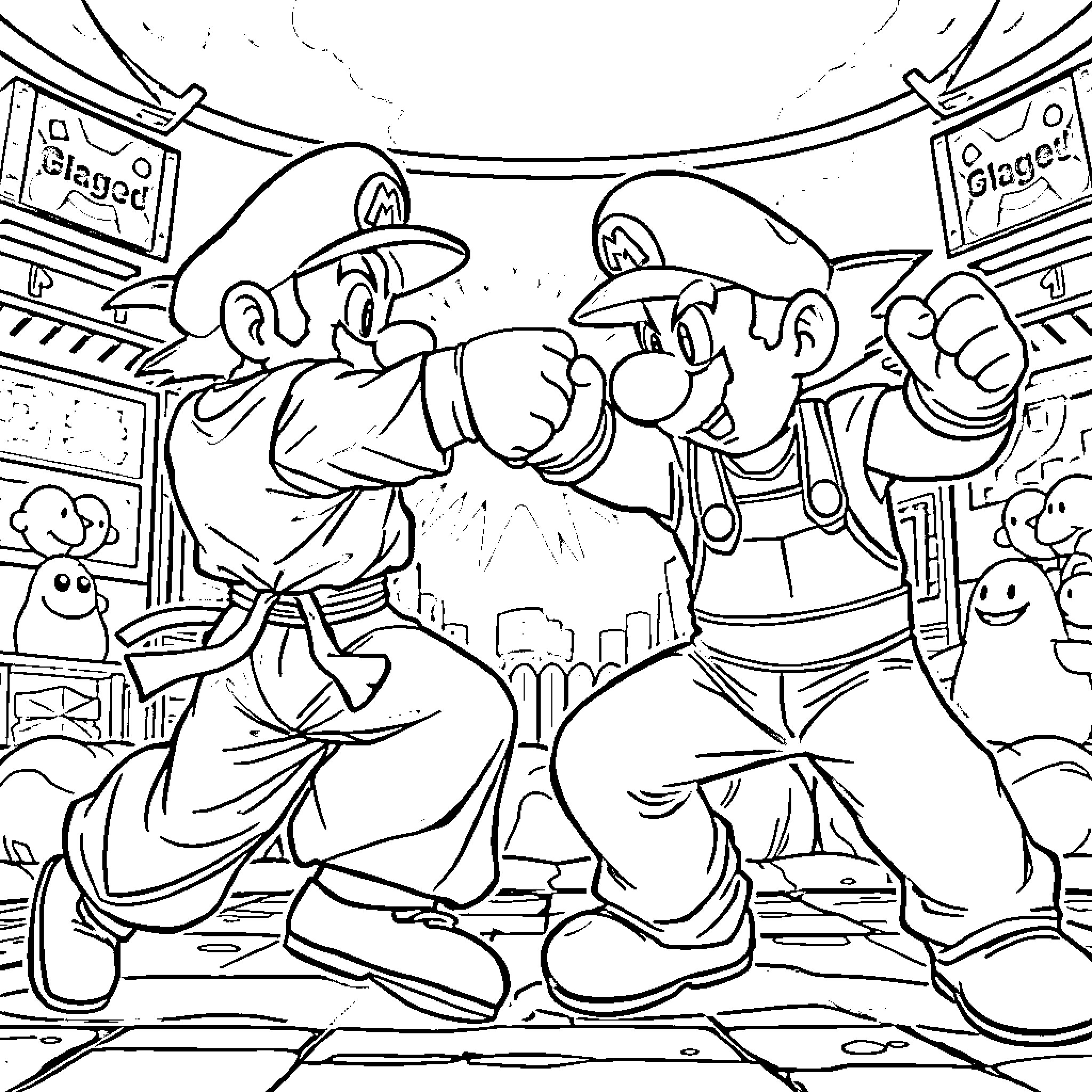 Mario Brothers Fighting in Arcade Scene Coloring Page (free black-and-white line drawing printable PDF for all, from beginners to advanced learners, including children, teens, adults, and seniors)
