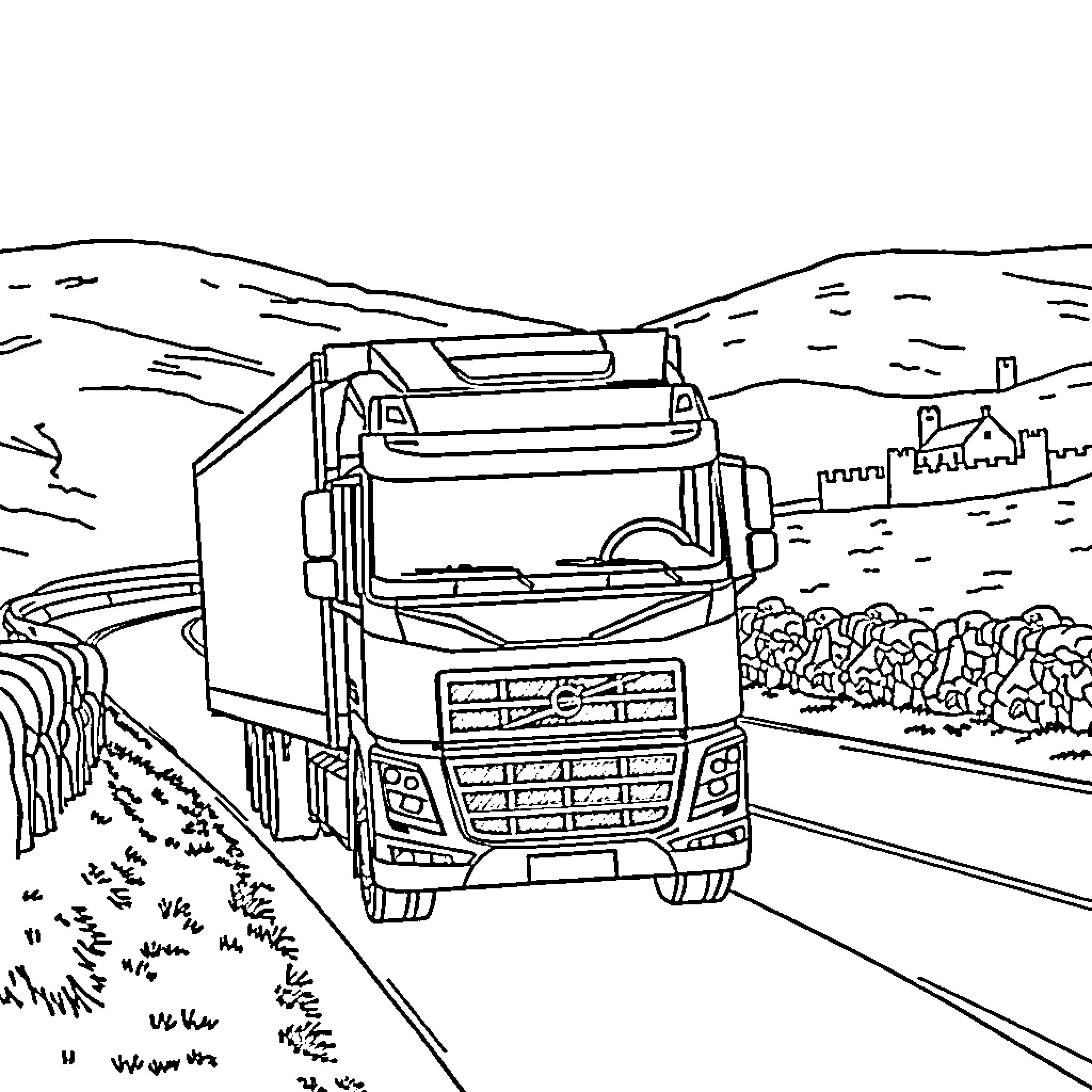 Volvo Truck navigating through countryside landscape Coloring Page (free black-and-white line drawing printable PDF for all, from beginners to advanced learners, including children, teens, adults, and seniors)